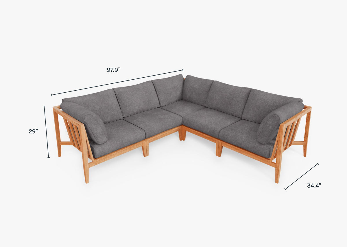 Teak outdoor corner sectional sofa with 5 seats, featuring a modern design and dark pebble gray cushions.-teak outdoor sofa-outer #color_dark pebble gray