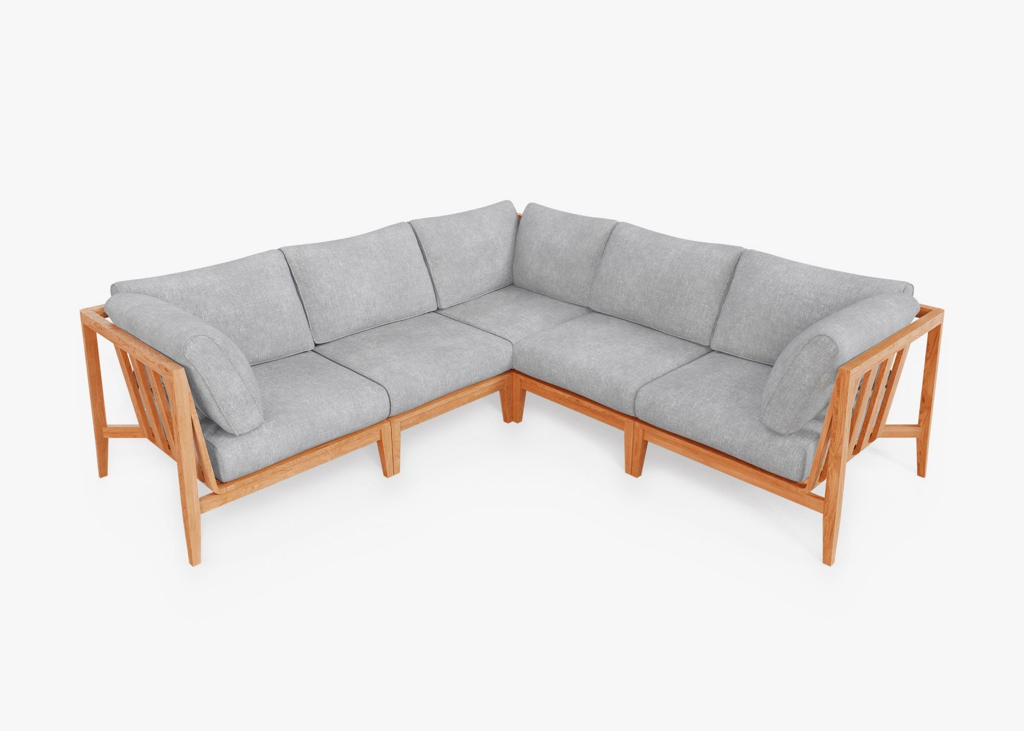 Teak Outdoor Corner Sectional - 5 Seat, front. Comfortable, durable, and weather resistant outdoor seating with memory foam. #size_pacific fog gray