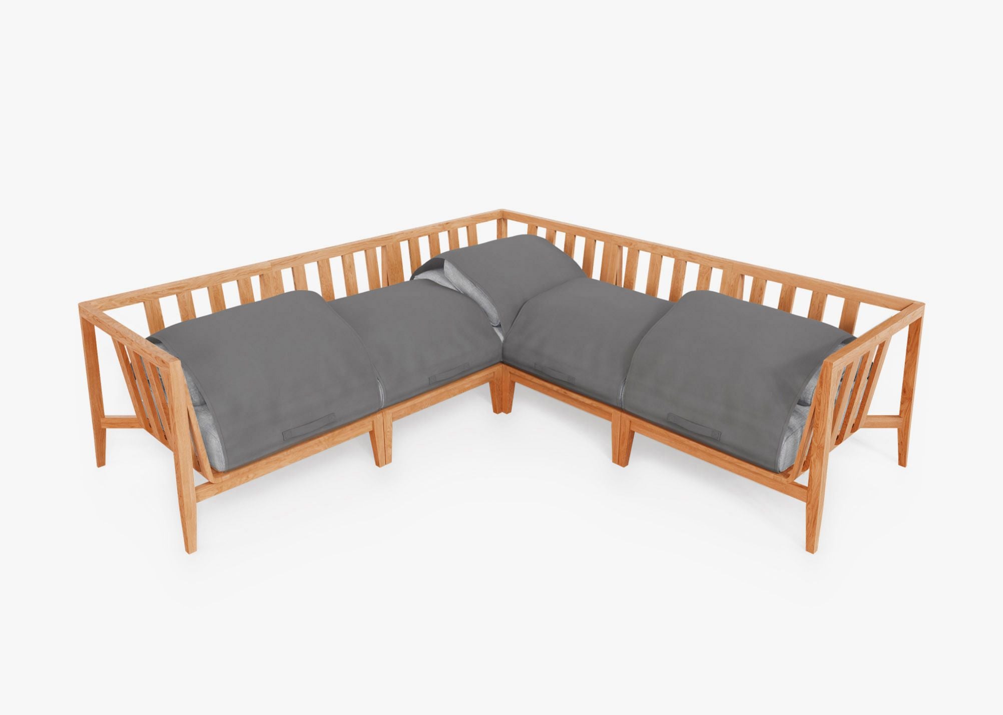 Teak Outdoor Corner Sectional - 5 Seat shown with the OuterShell outdoor cushion cover, offering exclusive integrated protection. #color_pacific fog gray