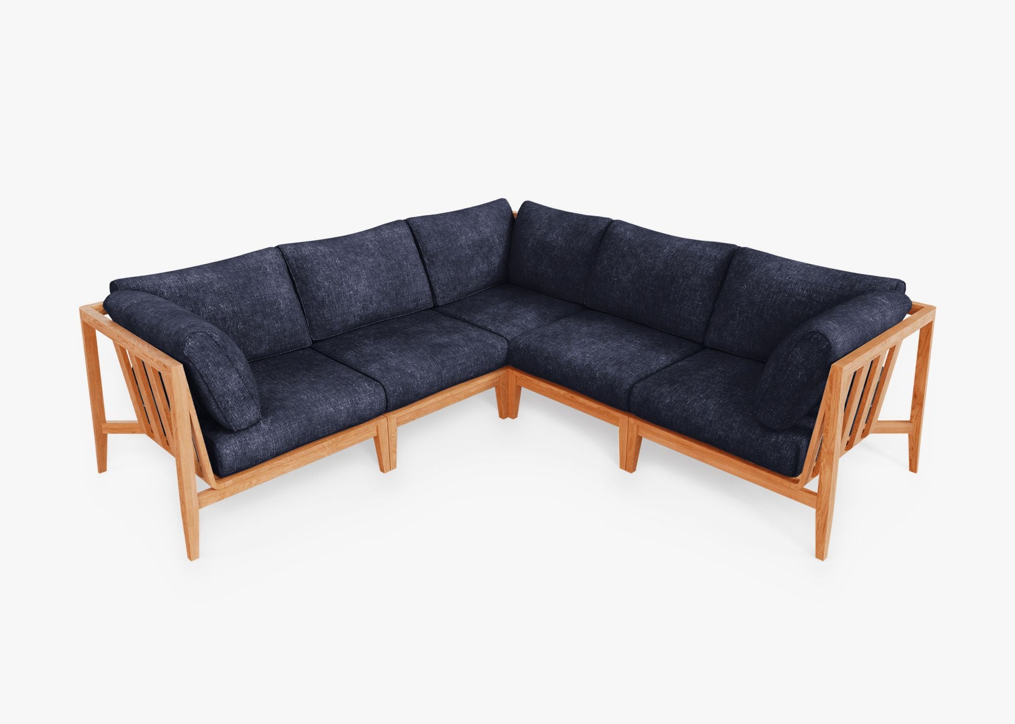 Teak Outdoor Corner Sectional - 5 Seat, front. Comfortable, durable, and weather resistant outdoor seating with memory foam. #color_deep sea navy