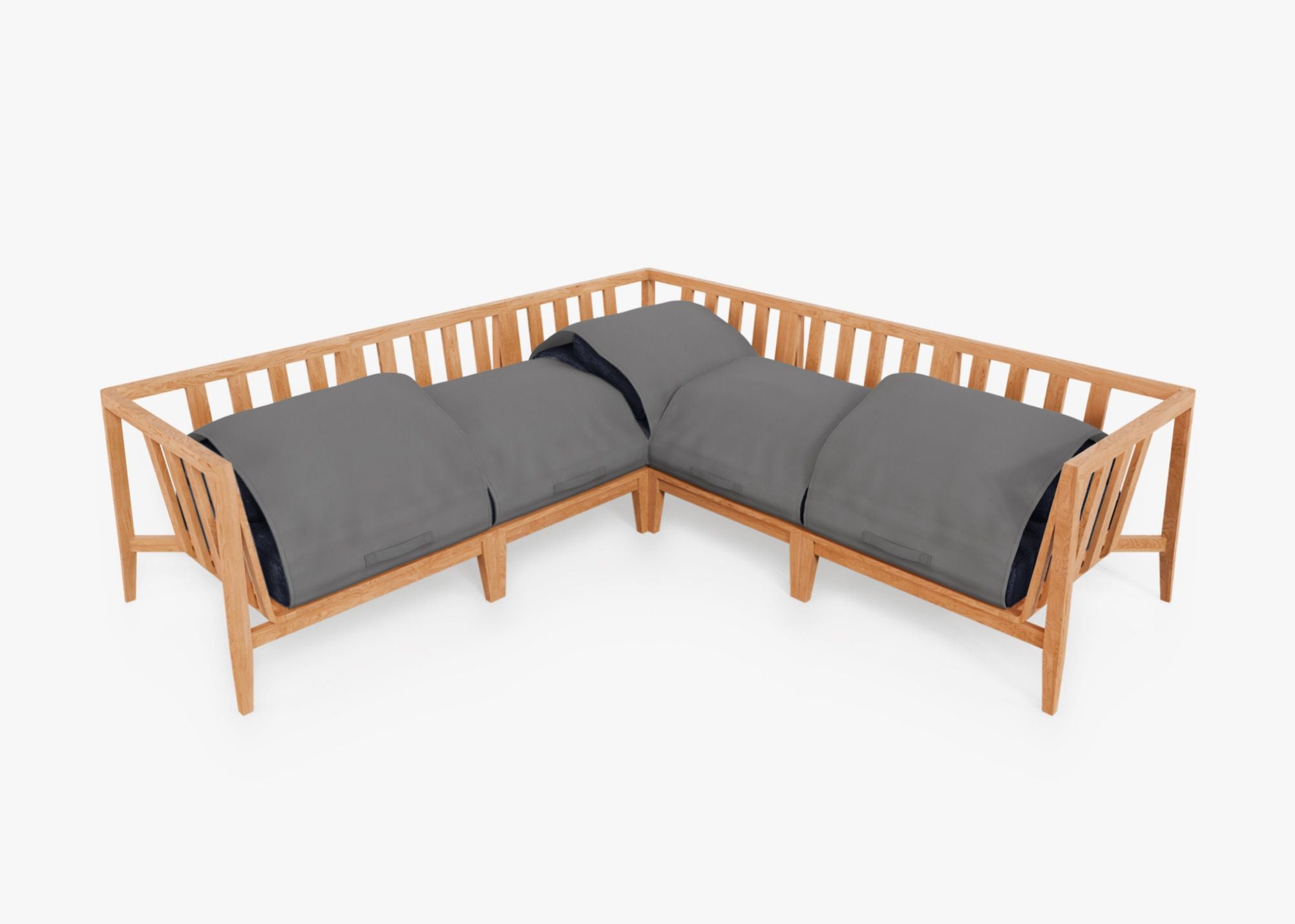 Teak Outdoor Corner Sectional - 5 Seat shown with the OuterShell outdoor cushion cover, offering exclusive integrated protection. #color_deep sea navy