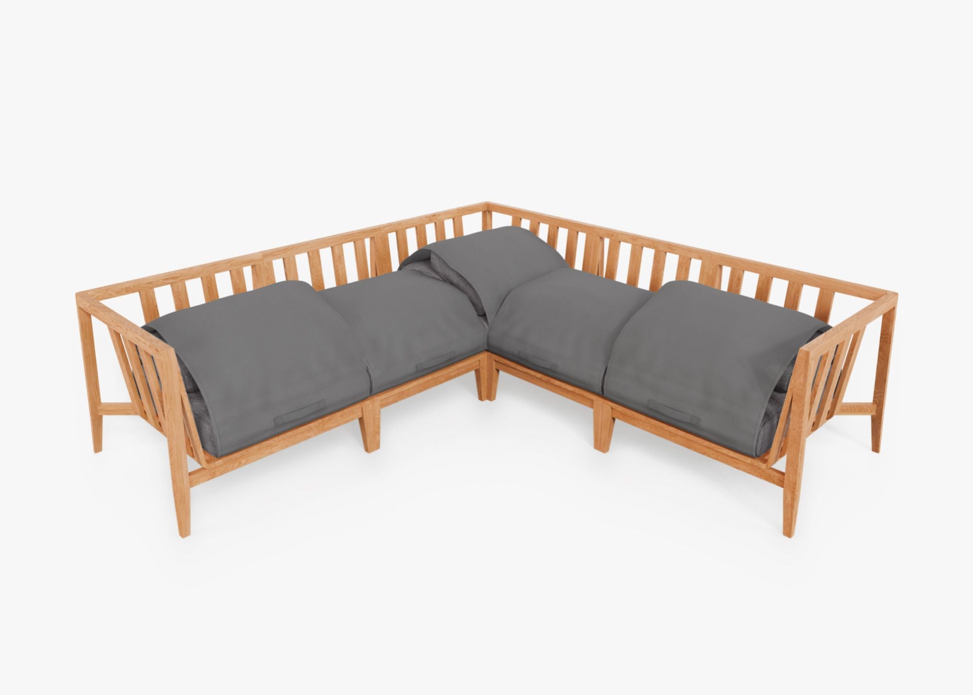 Teak Outdoor Corner Sectional - 5 Seat shown with the OuterShell outdoor cushion cover, offering exclusive integrated protection. #color_dark pebble gray