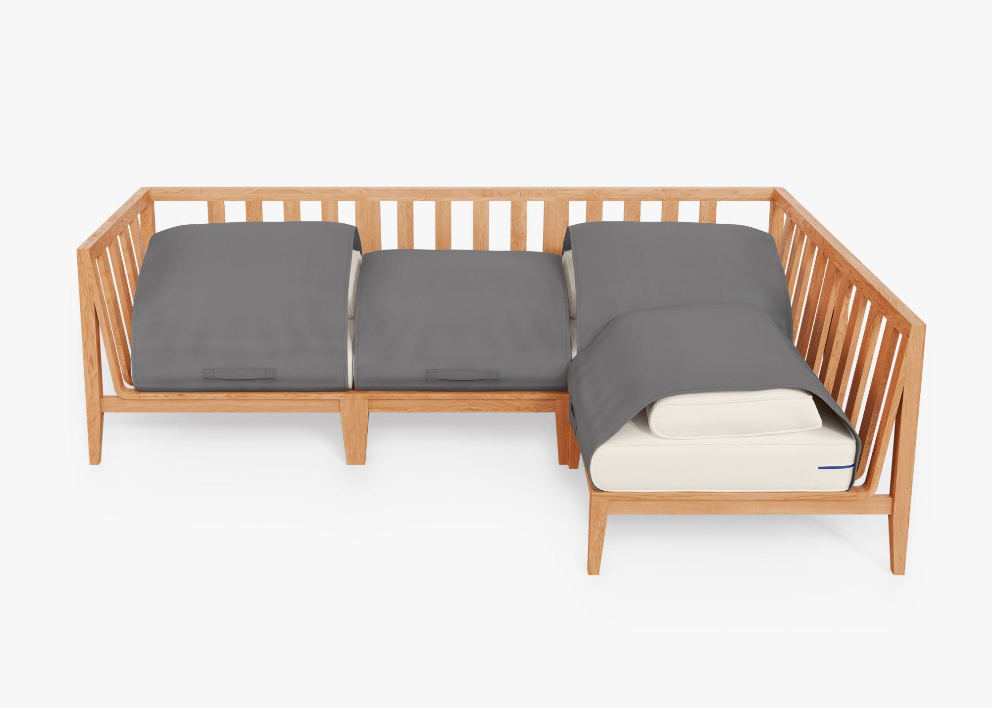 Teak outdoor L sectional sofa with 4 cream cushions arranged on a wooden frame, designed for comfortable seating.-teak outdoor sofa-outer #color_palisades cream