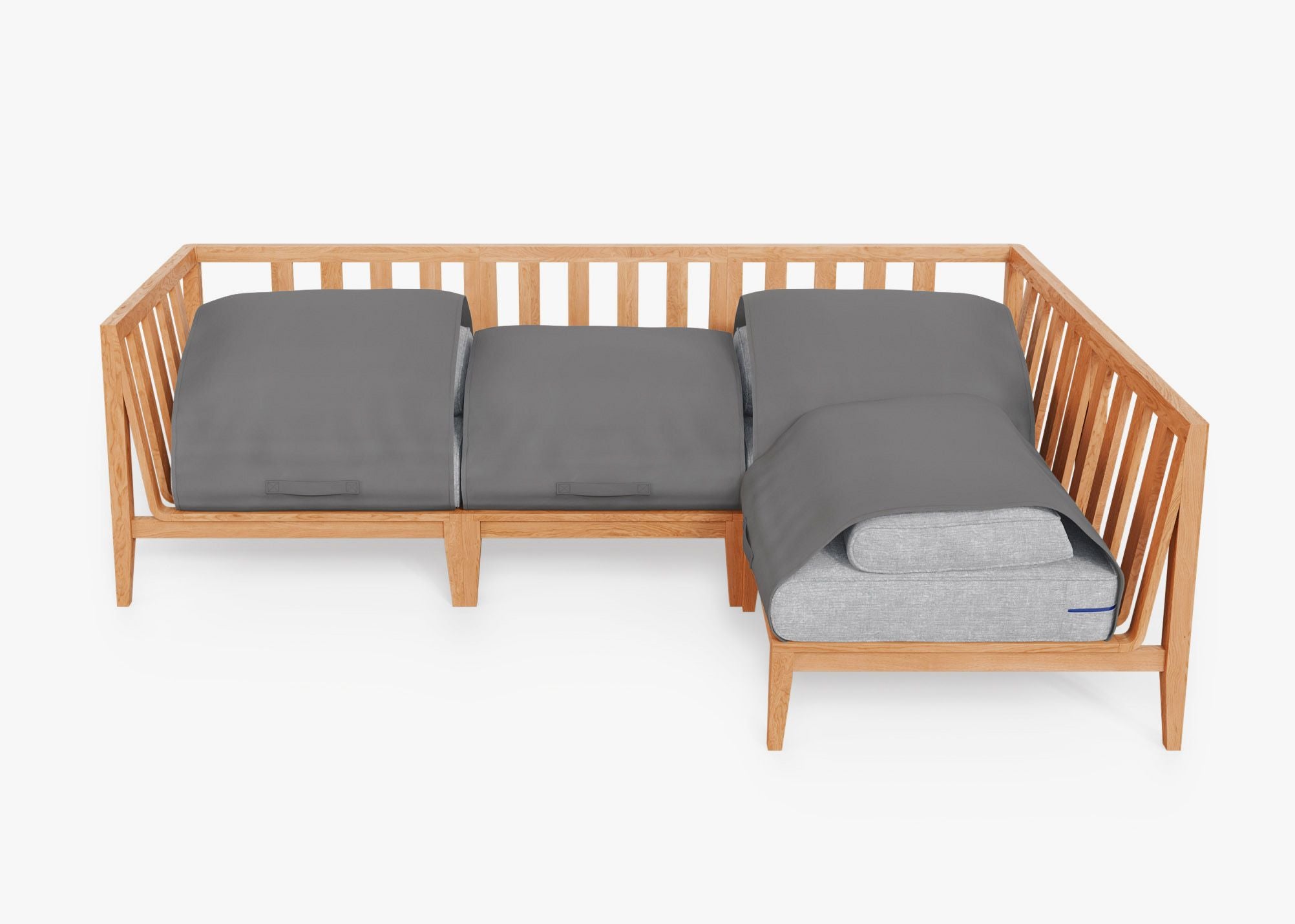 Teak outdoor L sectional sofa with 4 seats, featuring gray cushions and a sturdy wooden frame.-teak outdoor sofa-outer #color_pacific fog gray