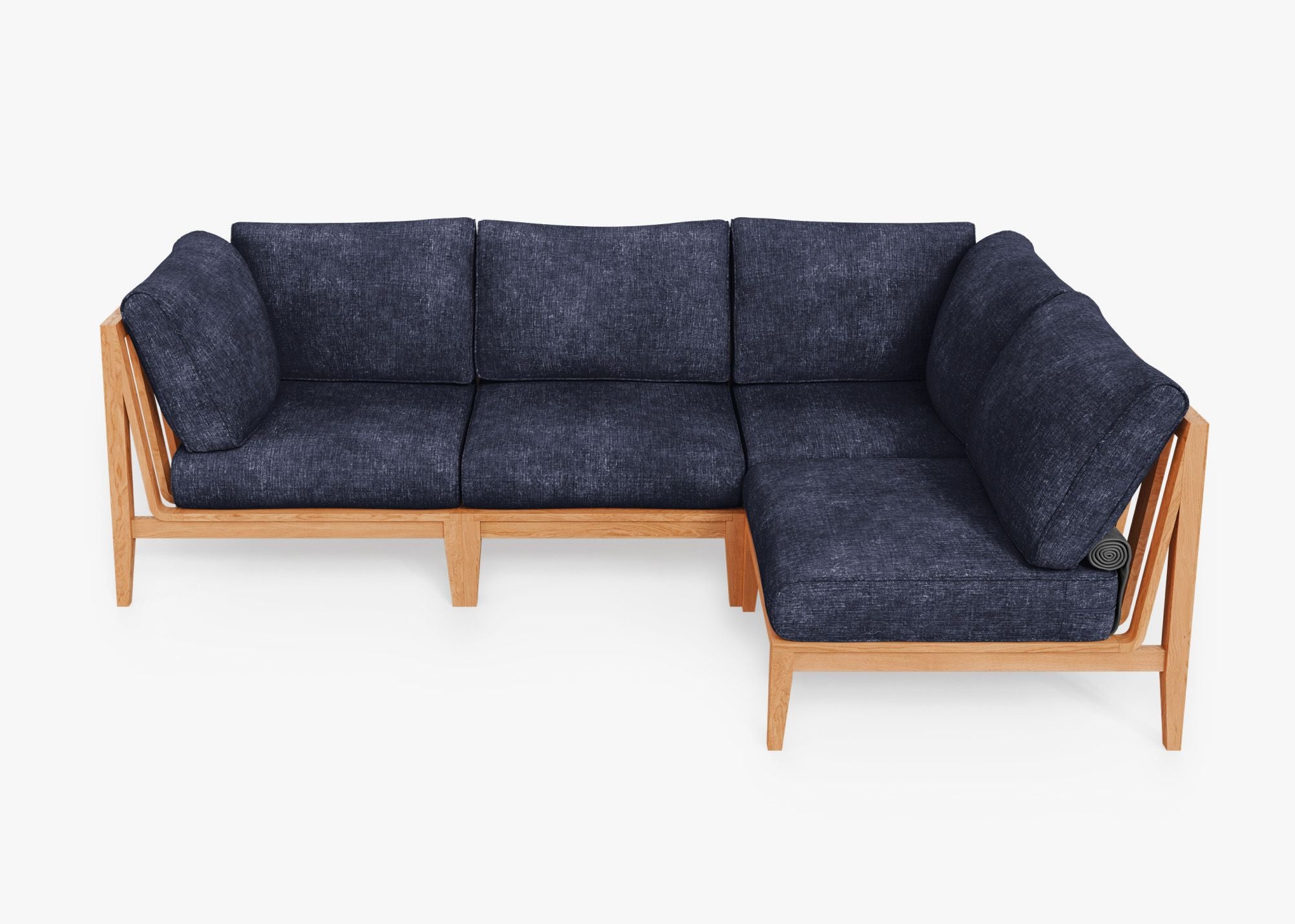 Teak outdoor L sectional sofa with 4 navy cushions arranged in an L shape on a wooden deck.-teak outdoor sofa-outer #color_deep sea navy