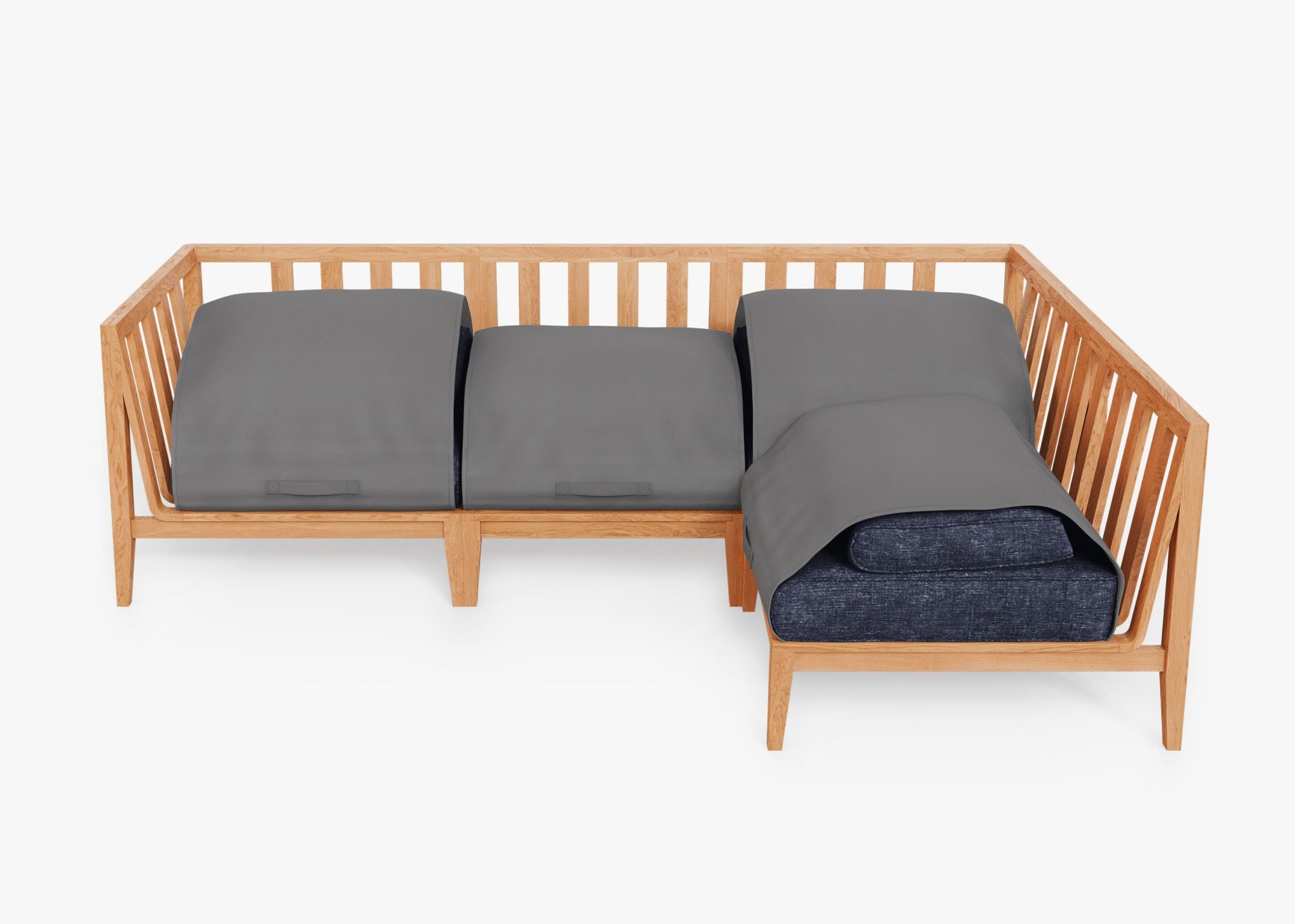 Teak Outdoor L Sectional - 4 Seat shown with the OuterShell outdoor cushion cover, offering exclusive integrated protection. #color_deep sea navy