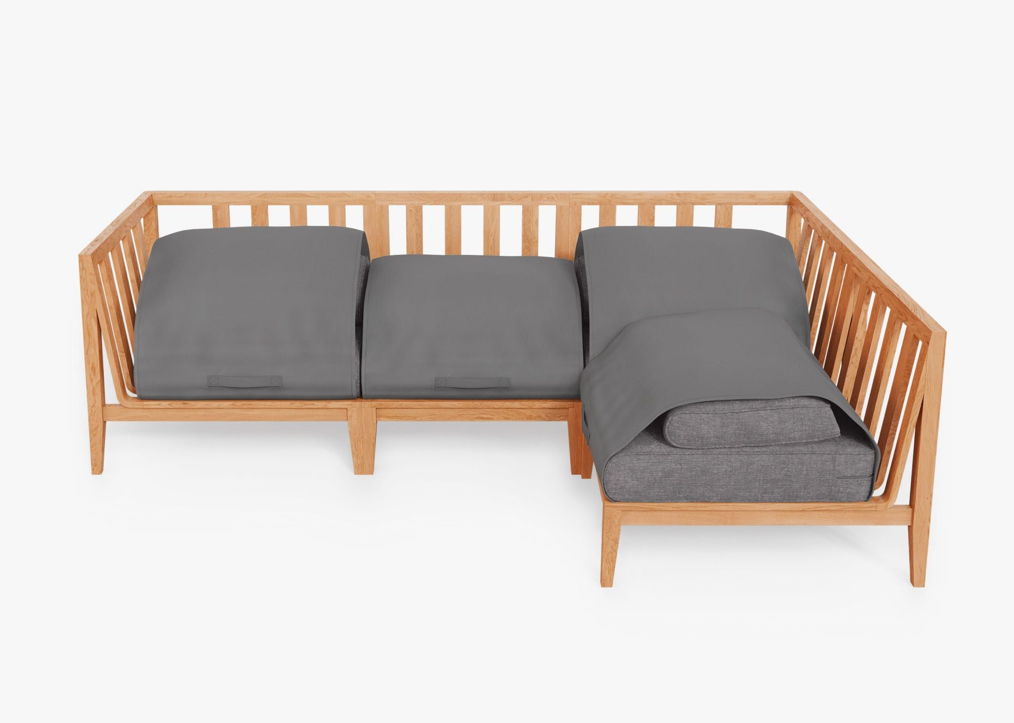 Teak Outdoor L Sectional - 4 Seat shown with the OuterShell outdoor cushion cover, offering exclusive integrated protection. #color_dark pebble gray