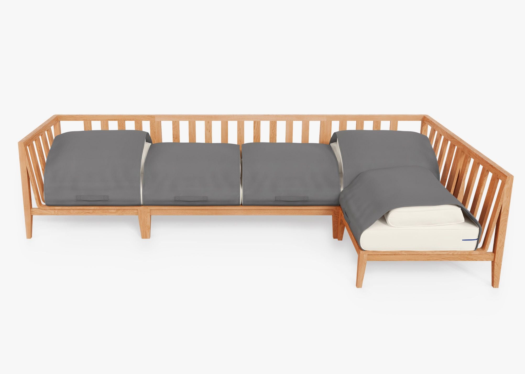 Teak Outdoor L Sectional - 5 Seat shown with the OuterShell outdoor cushion cover, offering exclusive integrated protection. #color_palisades cream