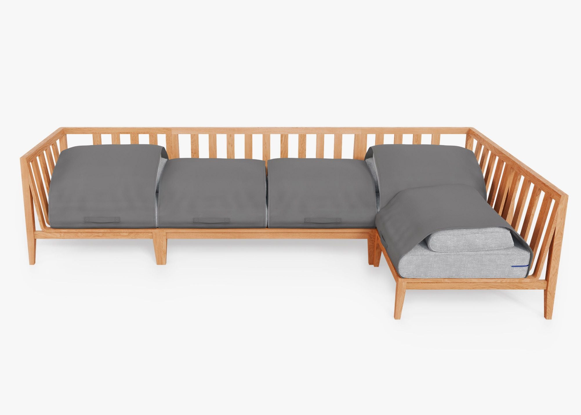 Teak Outdoor L Sectional - 5 Seat shown with the OuterShell outdoor cushion cover, offering exclusive integrated protection. #color_pacific fog gray