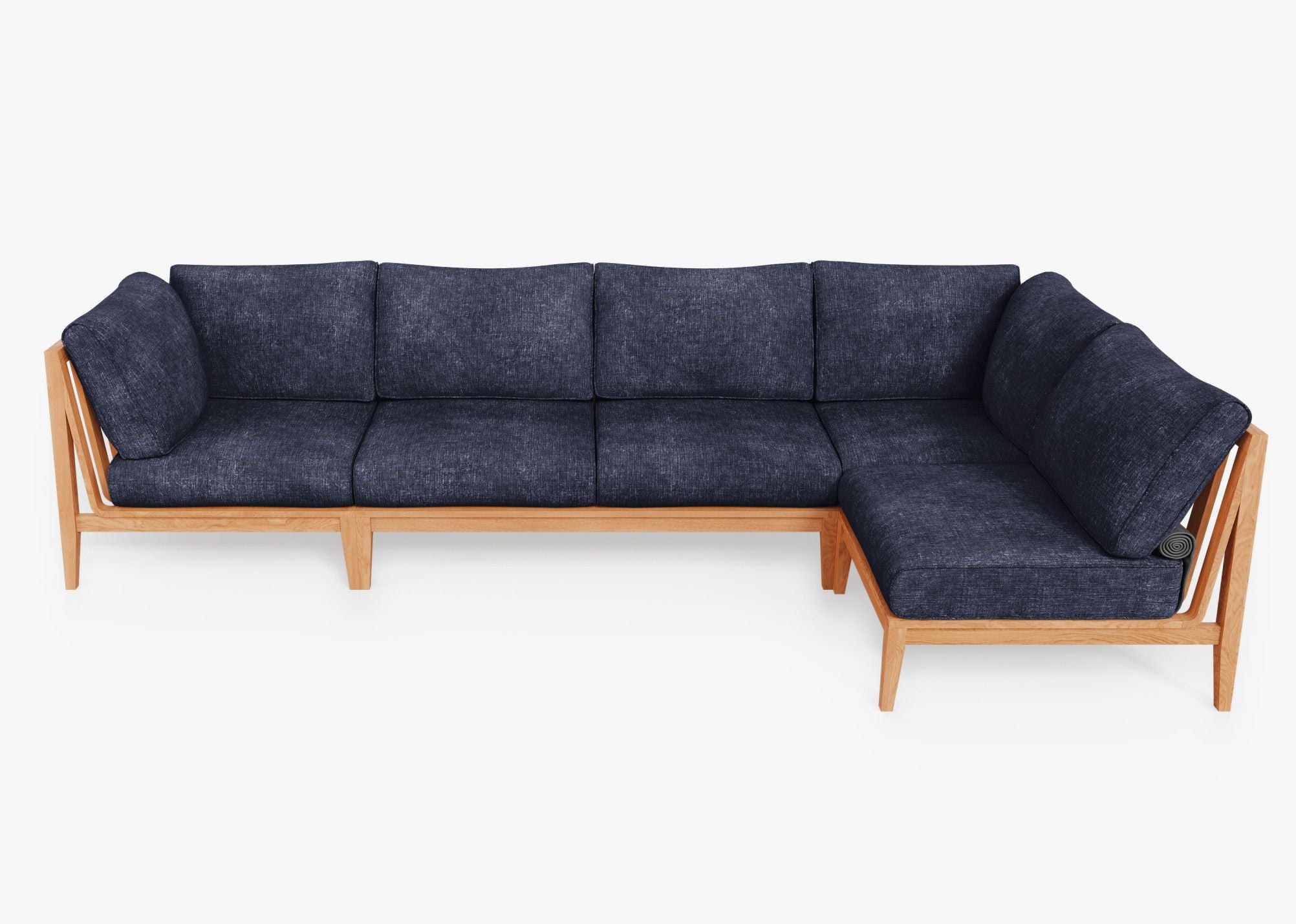 Teak Outdoor L Sectional - 5 Seat, front. Comfortable, durable, and weather resistant outdoor seating with memory foam. #color_deep sea navy