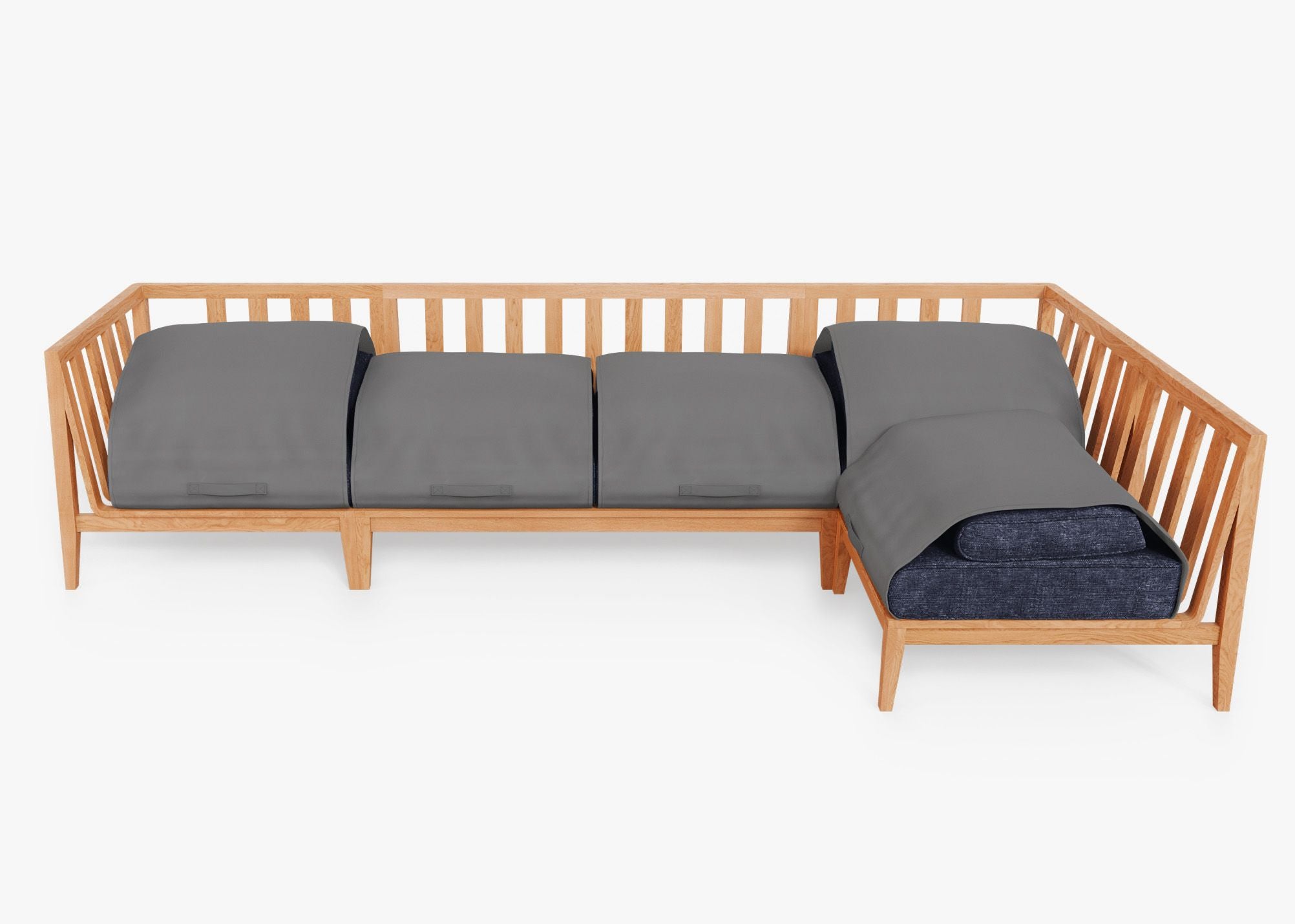 Teak Outdoor L Sectional - 5 Seat shown with the OuterShell outdoor cushion cover, offering exclusive integrated protection. #color_deep sea navy