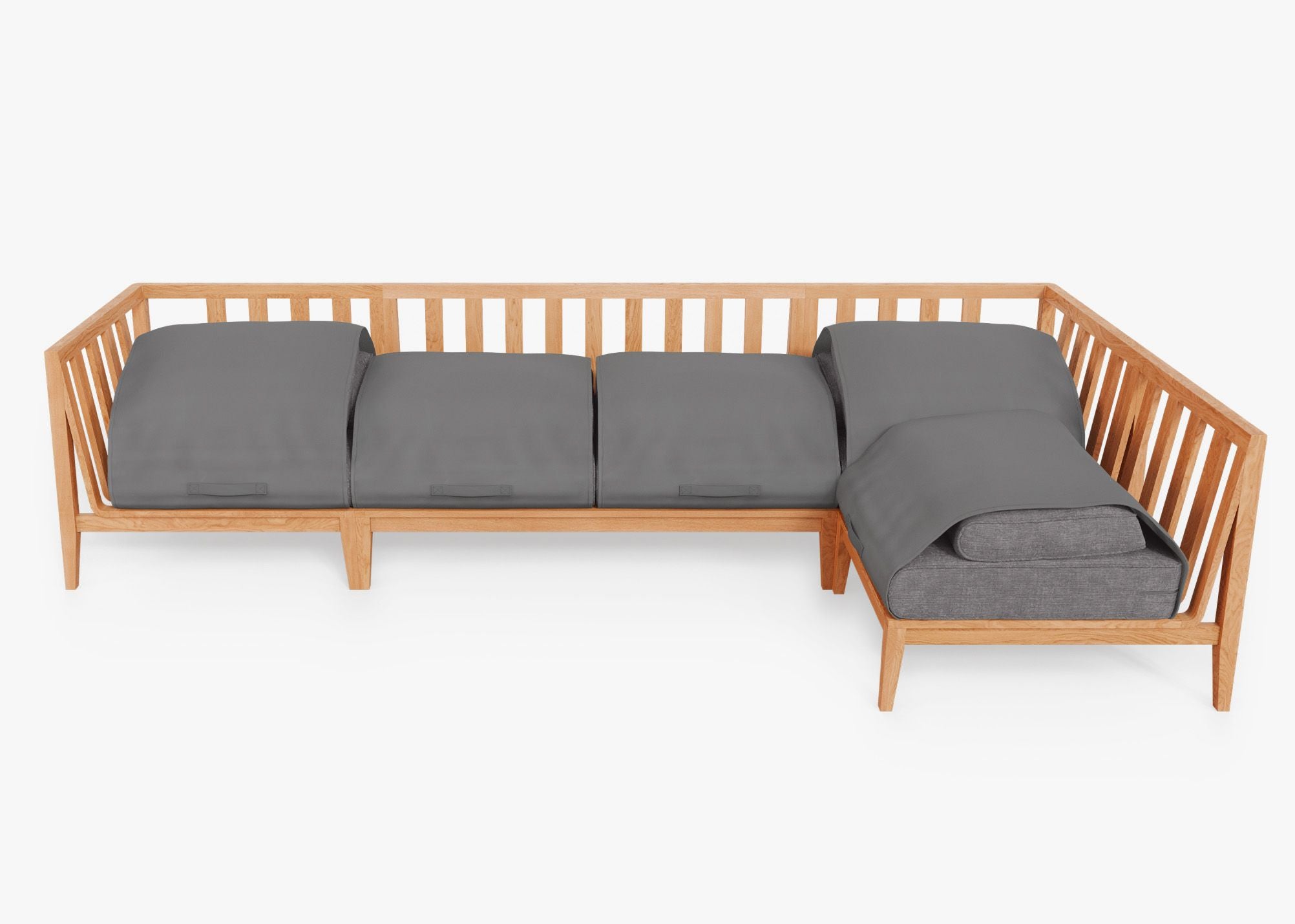 Teak Outdoor L Sectional - 5 Seat shown with the OuterShell outdoor cushion cover, offering exclusive integrated protection. #color_dark pebble gray