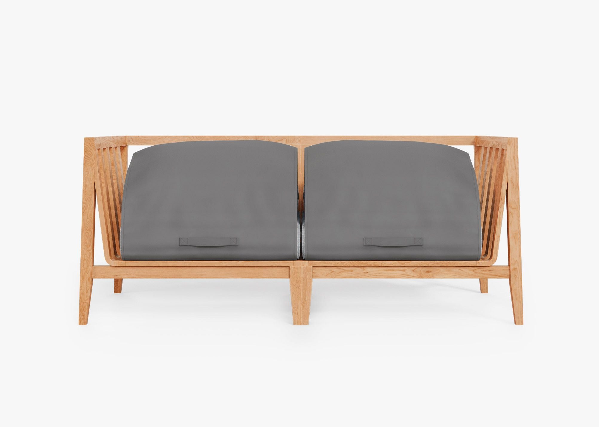Teak Outdoor Loveseat shown with the OuterShell outdoor cushion cover, offering exclusive integrated protection. #color_pacific fog gray