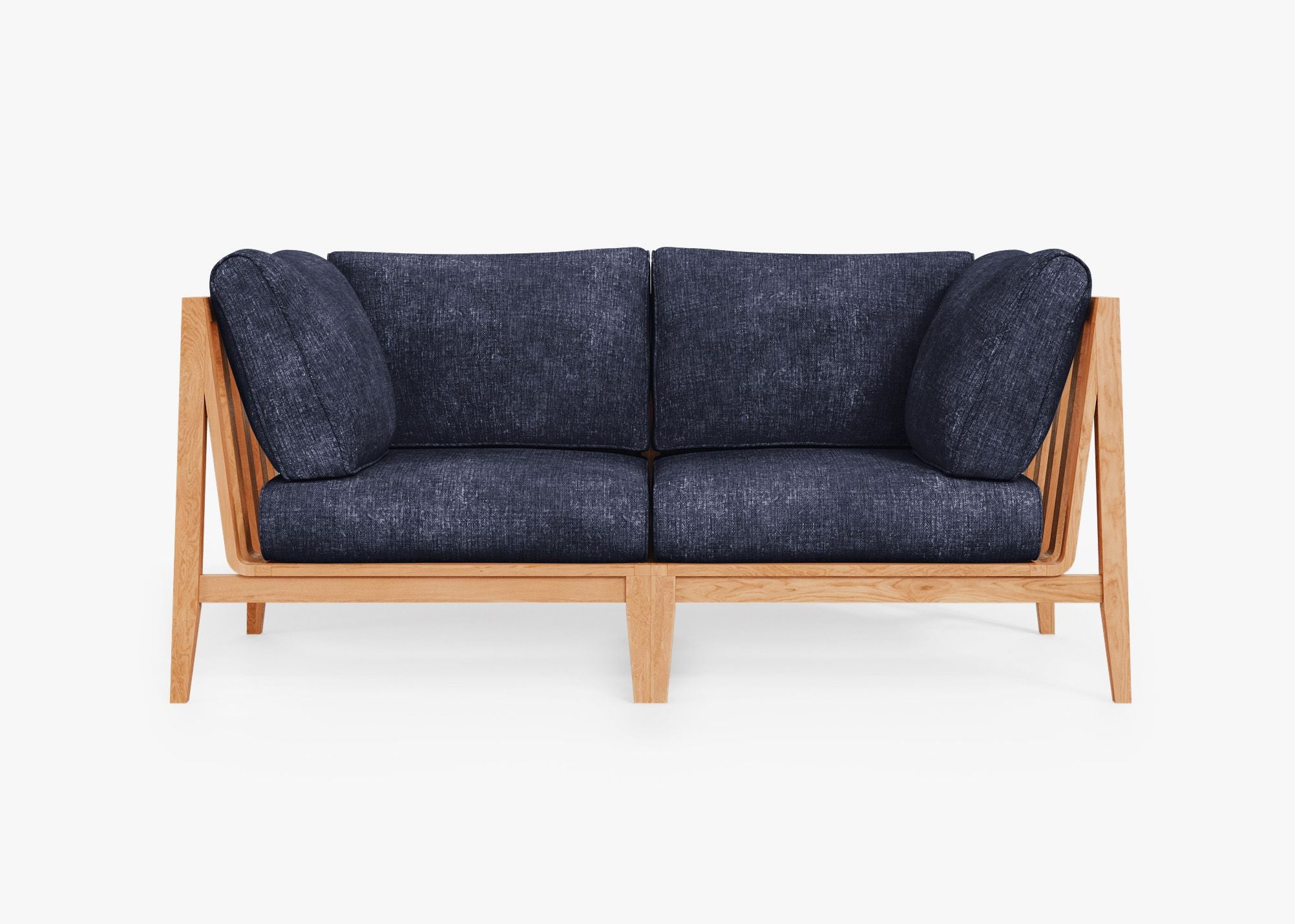 Teak Outdoor Loveseat, front. Comfortable, durable, and weather resistant outdoor seating with memory foam. #color_deep sea navy