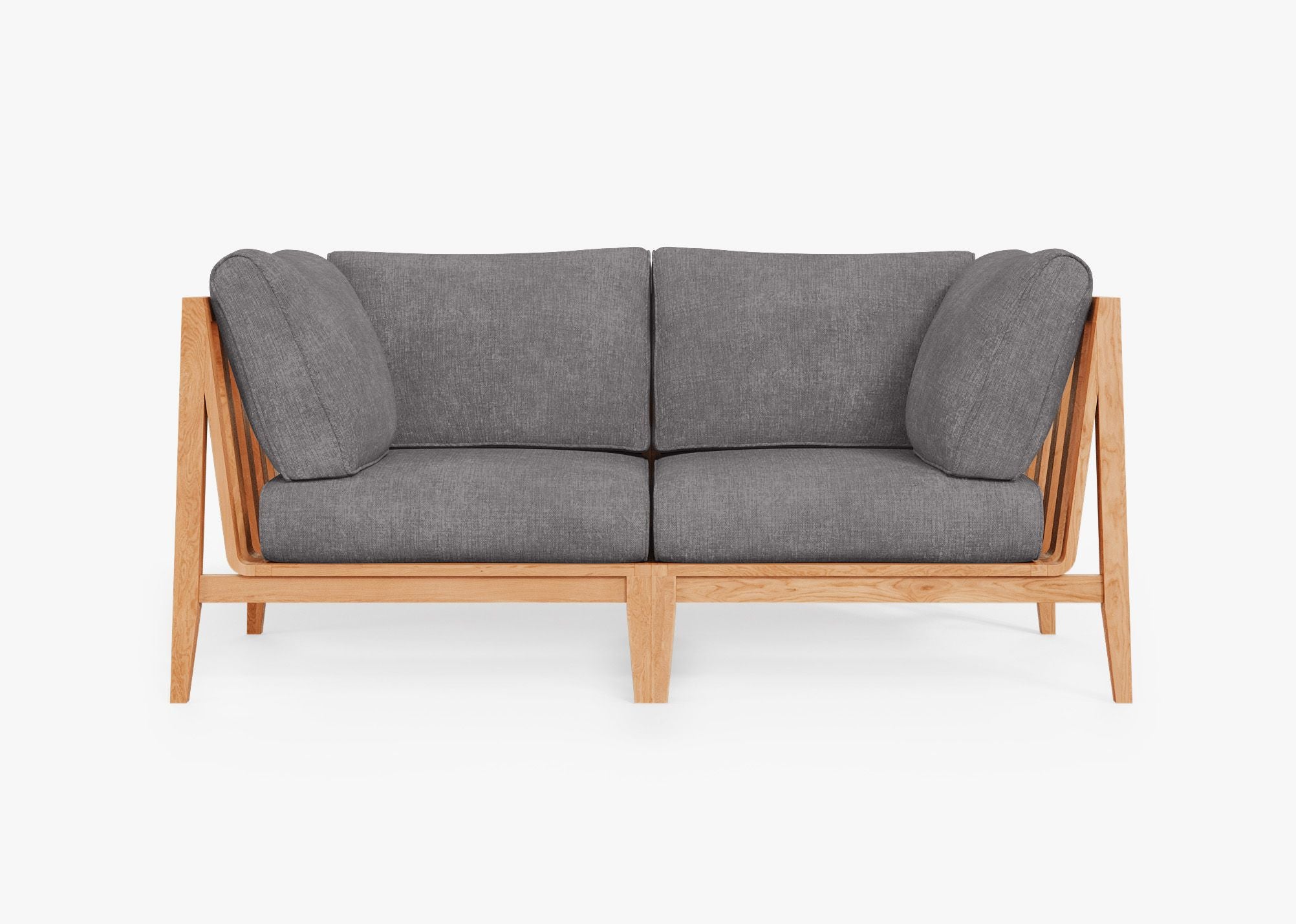 Teak Outdoor Loveseat, front. Comfortable, durable, and weather resistant outdoor seating with memory foam. #color_dark pebble gray