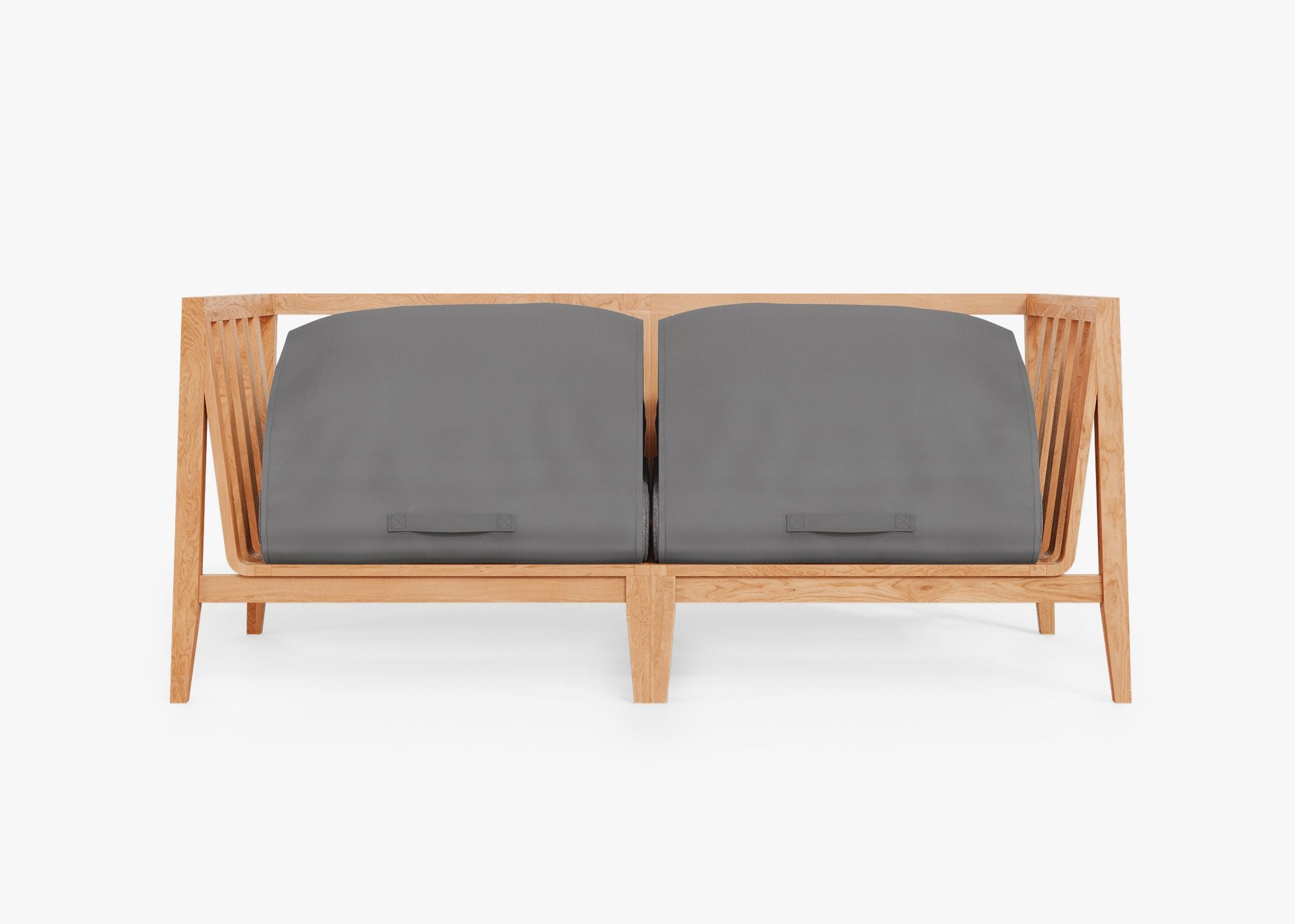 Teak Outdoor Loveseat shown with the OuterShell outdoor cushion cover, offering exclusive integrated protection. #color_dark pebble gray