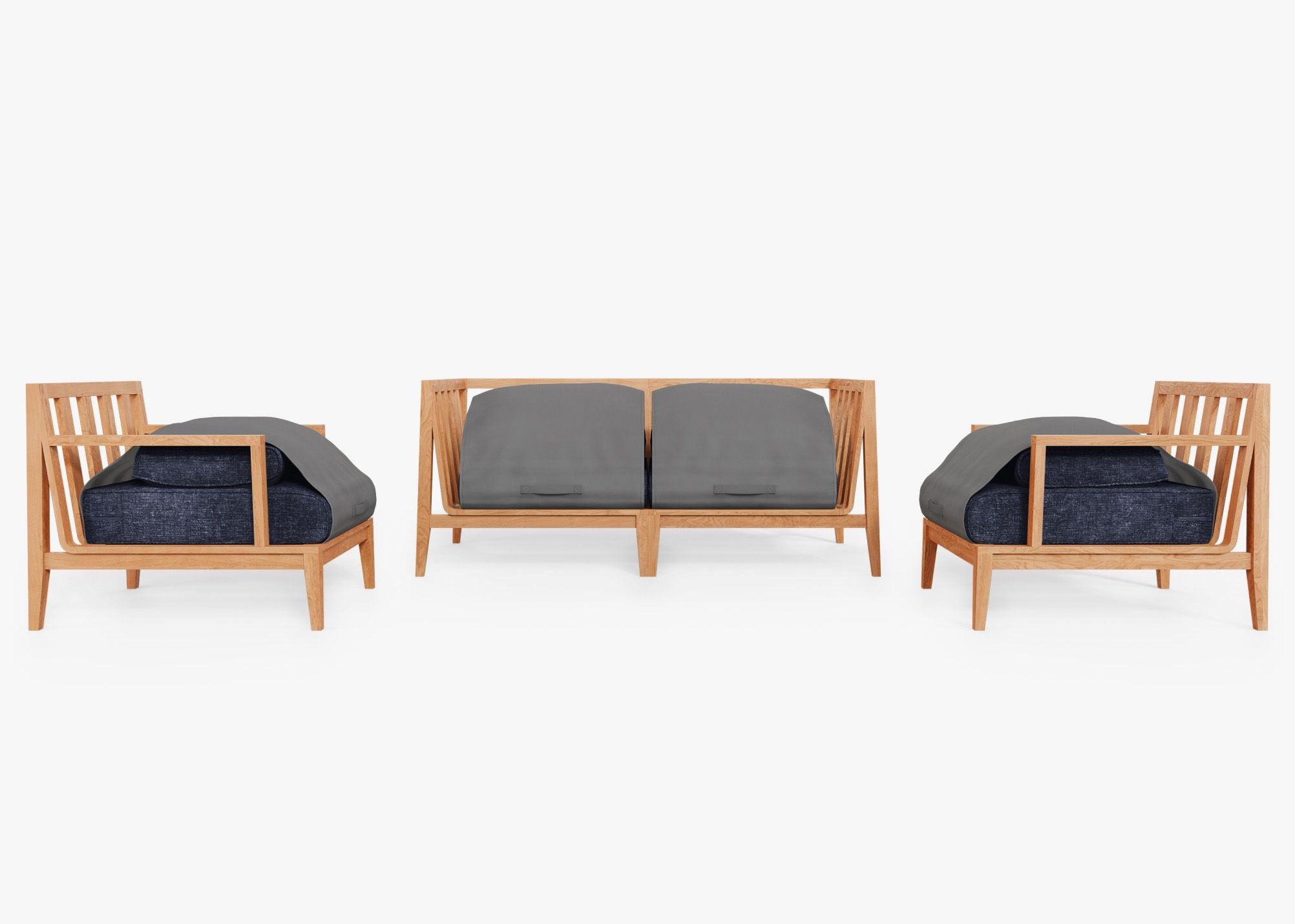 Teak Outdoor Loveseat with Armchairs - 4 Seat shown with the OuterShell outdoor cushion cover, offering exclusive integrated protection. #color_deep sea navy