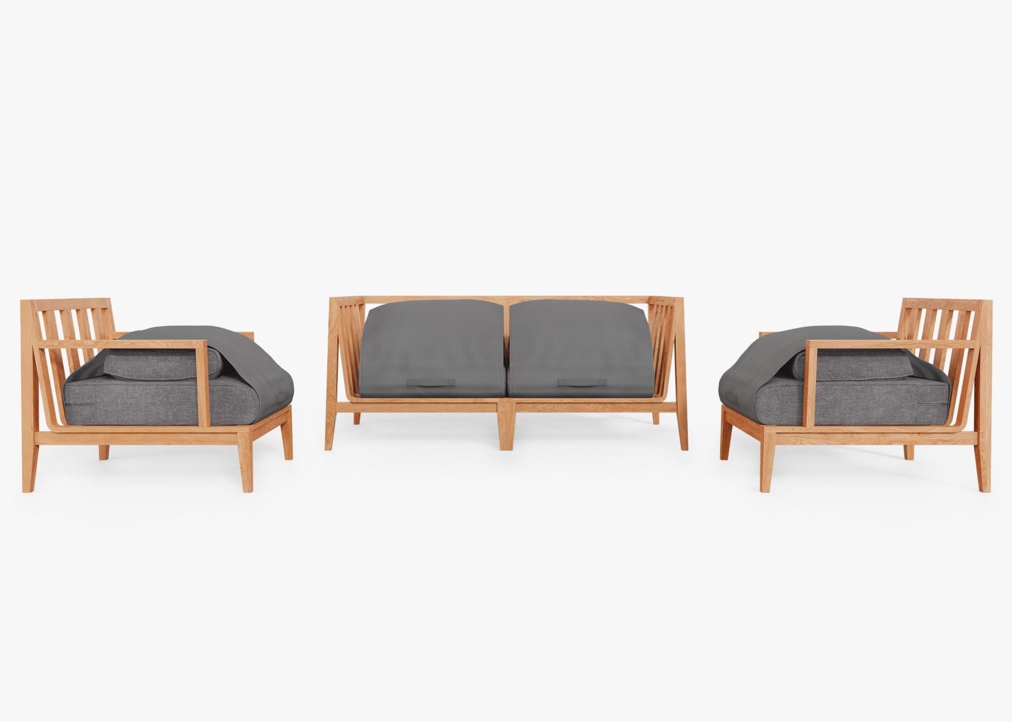 Teak Outdoor Loveseat with Armchairs - 4 Seat shown with the OuterShell outdoor cushion cover, offering exclusive integrated protection. #color_dark pebble gray