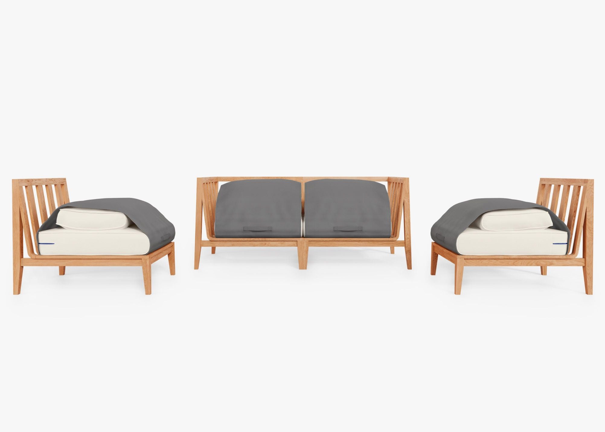 Teak Outdoor Loveseat with Armless Chairs - 4 Seat shown with the OuterShell outdoor cushion cover, offering exclusive integrated protection. #color_palisades cream