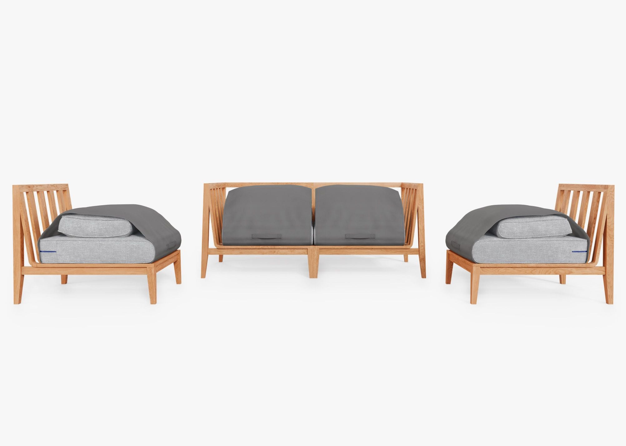 Teak Outdoor Loveseat with Armless Chairs - 4 Seat shown with the OuterShell outdoor cushion cover, offering exclusive integrated protection. #color_pacific fog gray