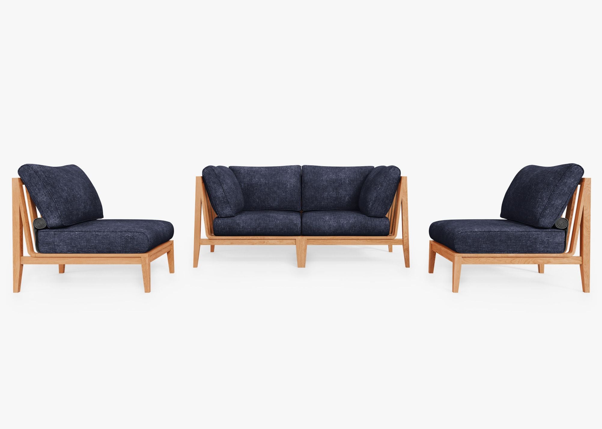 Teak Outdoor Loveseat with Armless Chairs - 4 Seat, front. Comfortable, durable, and weather resistant outdoor seating with memory foam. #color_deep sea navy