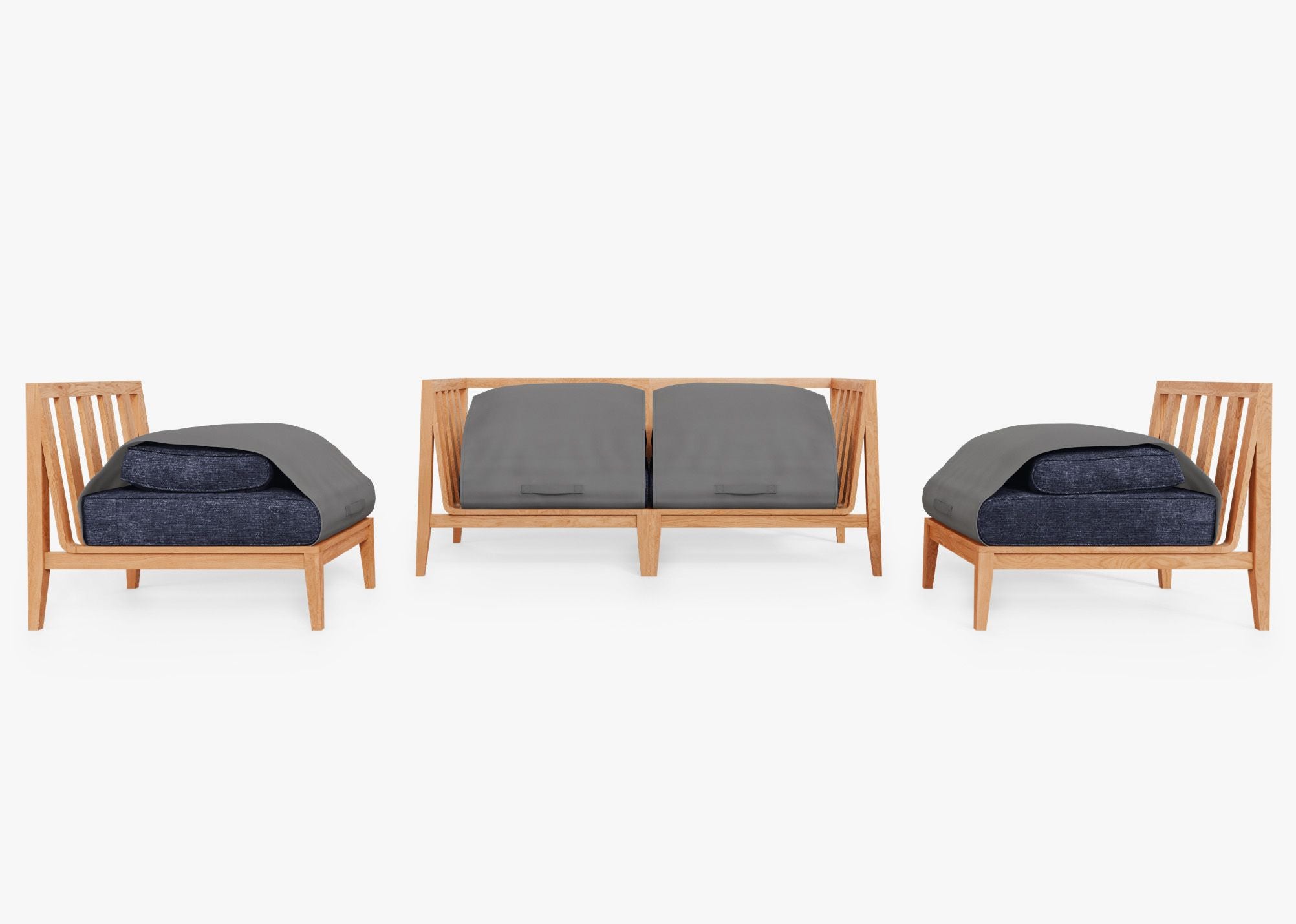 Teak Outdoor Loveseat with Armless Chairs - 4 Seat shown with the OuterShell outdoor cushion cover, offering exclusive integrated protection. #color_deep sea navy