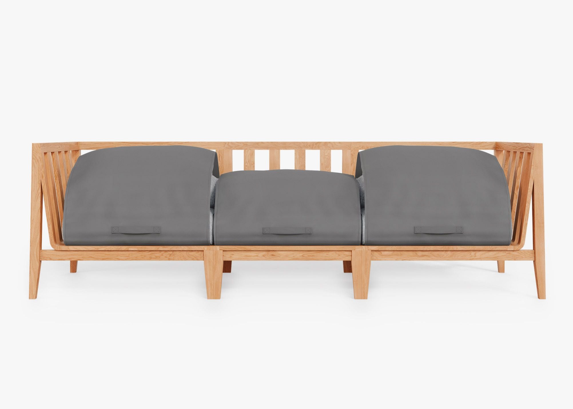 Teak Outdoor Sofa - 3 Seat shown with the OuterShell outdoor cushion cover, offering exclusive integrated protection. #color_pacific fog gray
