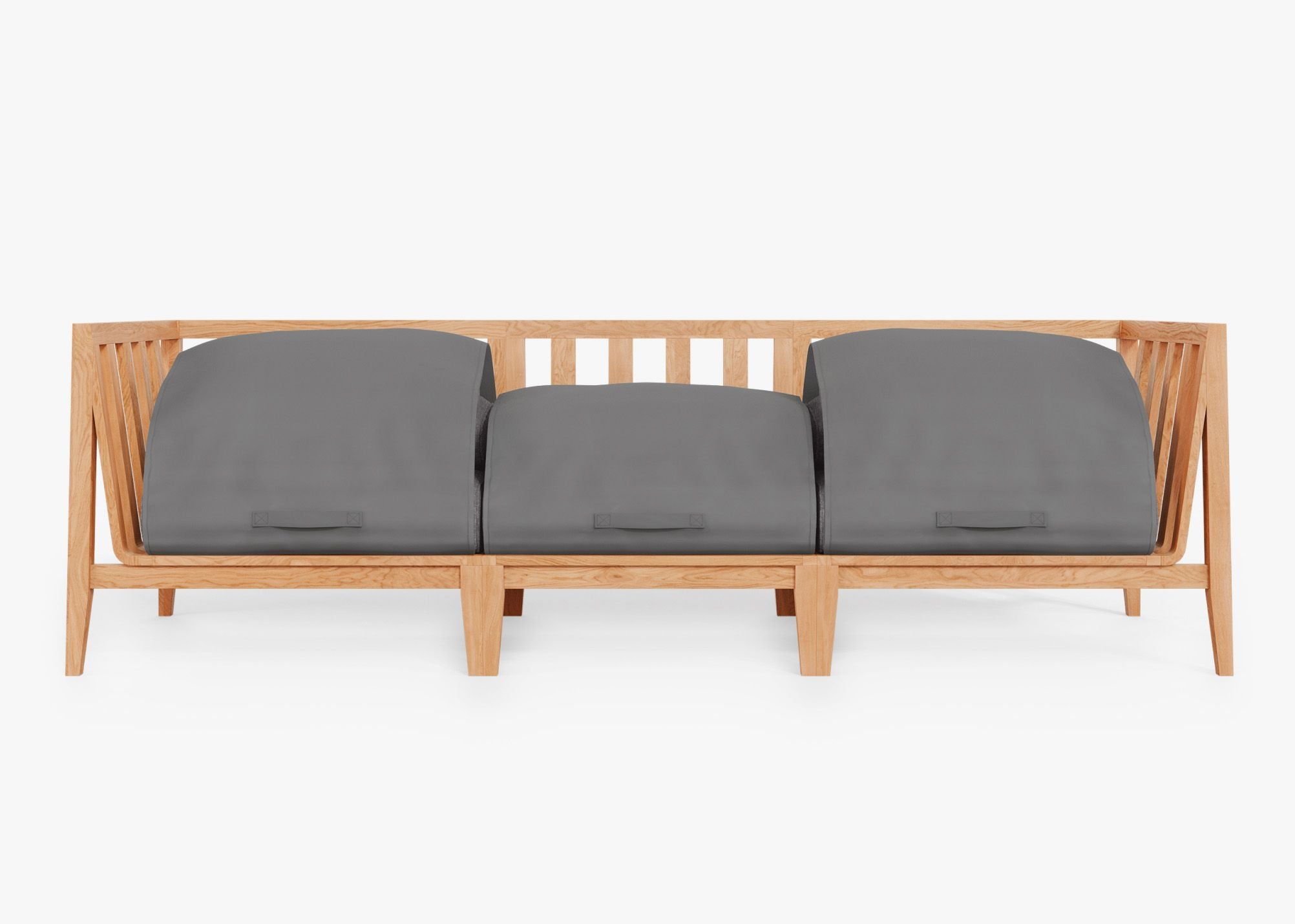 Teak Outdoor Sofa - 3 Seat shown with the OuterShell outdoor cushion cover, offering exclusive integrated protection. #color_dark pebble gray