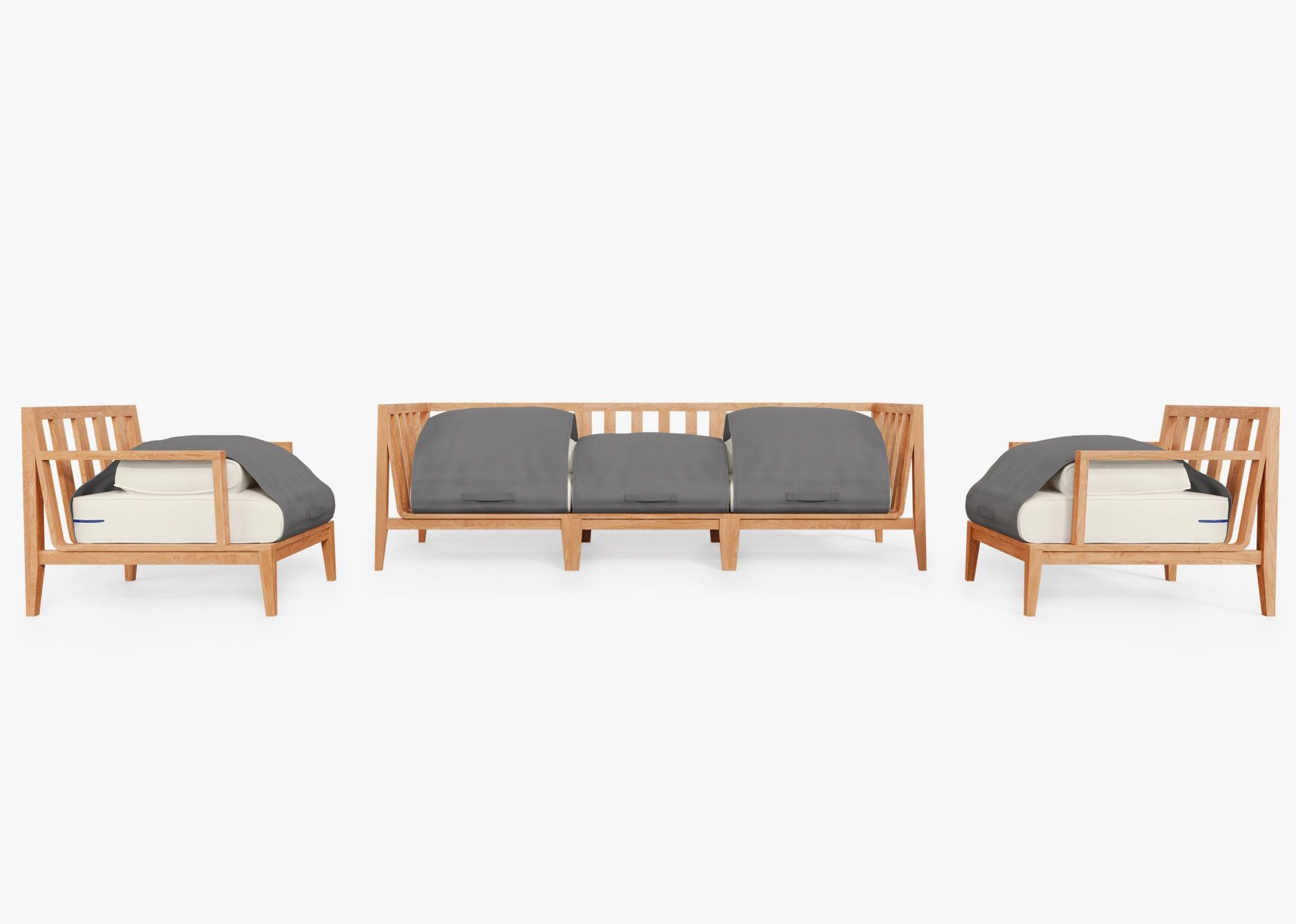 Teak Outdoor Sofa with Armchairs - 5 Seat shown with the OuterShell outdoor cushion cover, offering exclusive integrated protection. #color_palisades cream