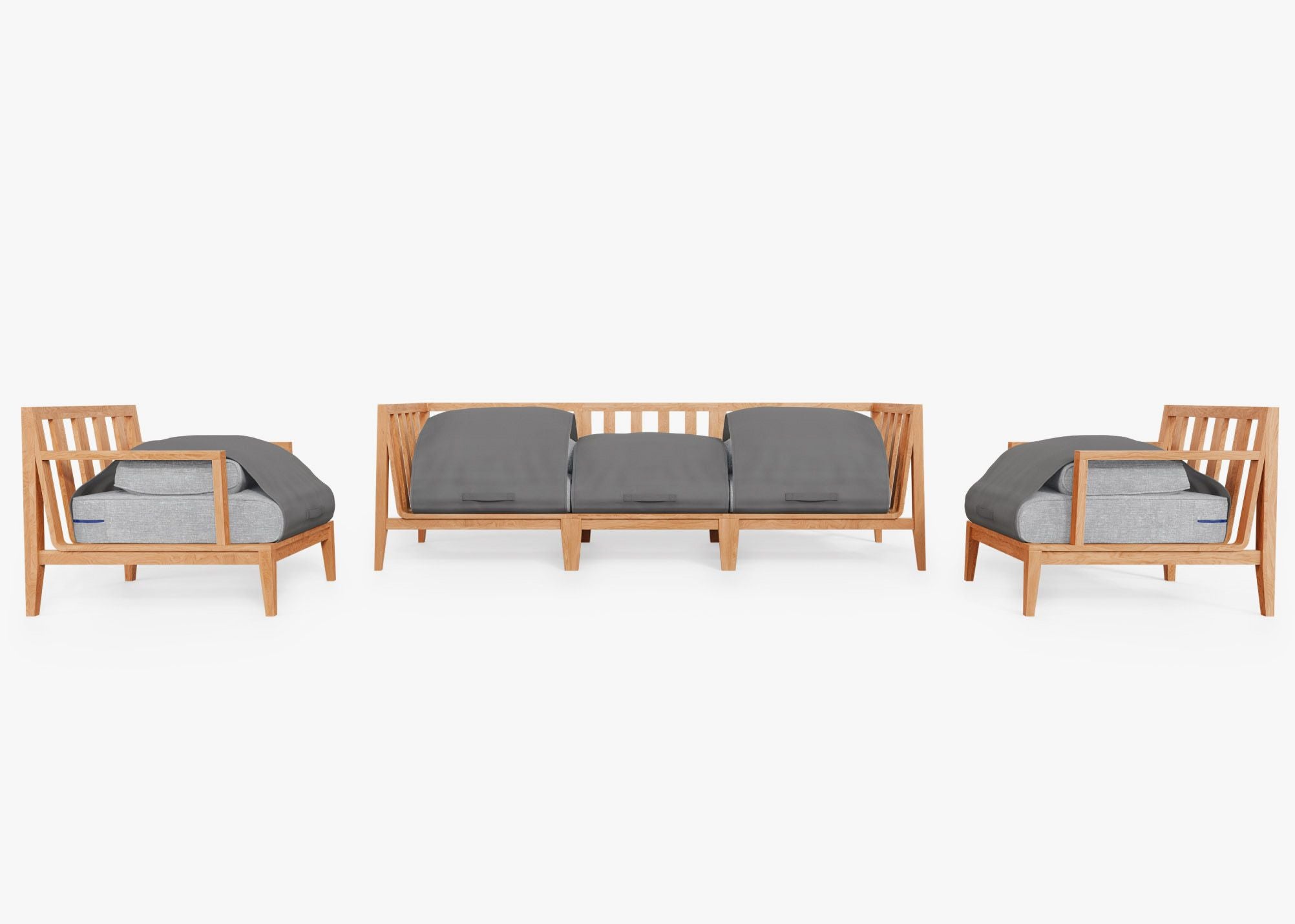 Teak Outdoor Sofa with Armchairs - 5 Seat shown with the OuterShell outdoor cushion cover, offering exclusive integrated protection. #color_pacific fog gray
