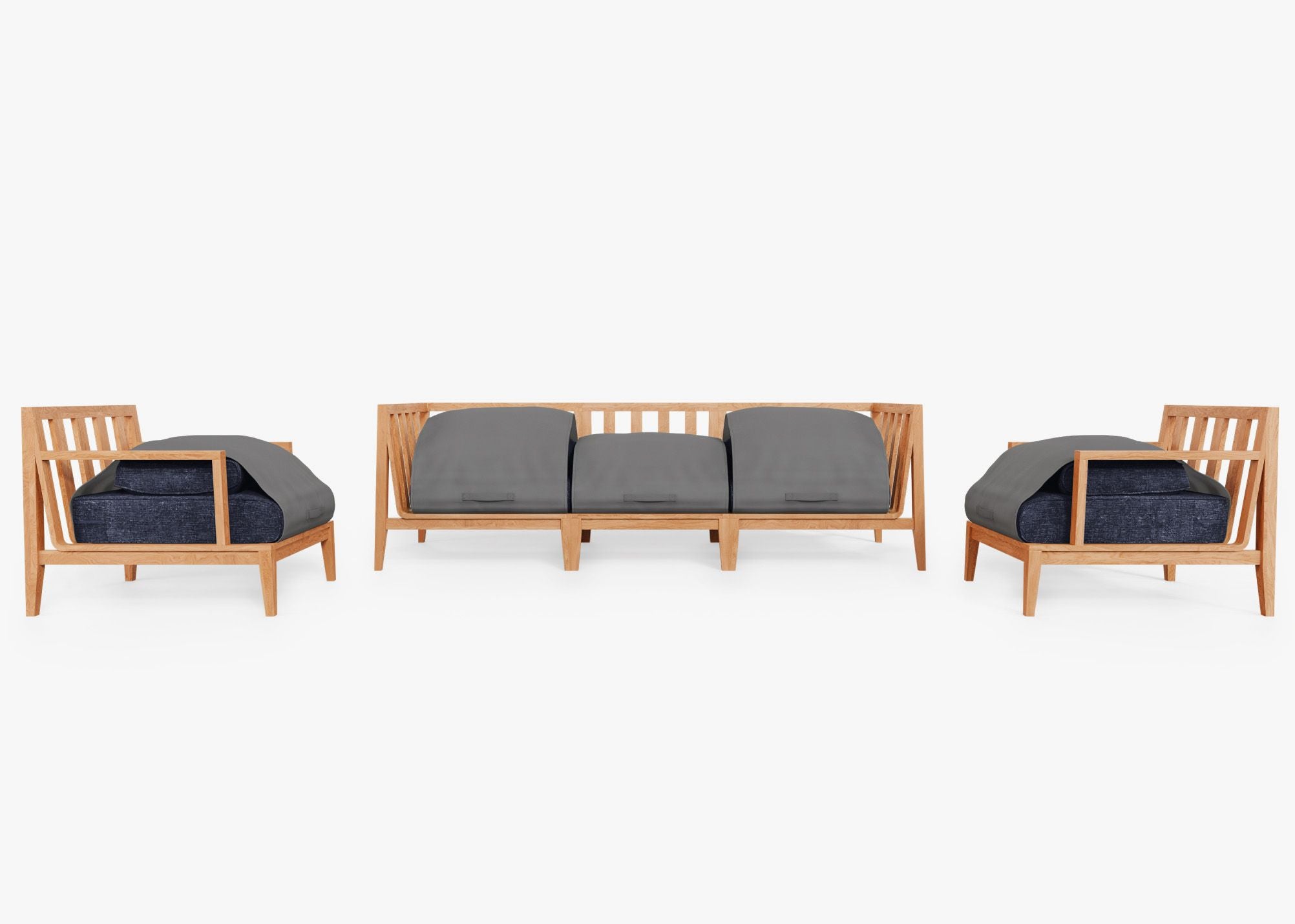 Teak Outdoor Sofa with Armchairs - 5 Seat shown with the OuterShell outdoor cushion cover, offering exclusive integrated protection. #color_deep sea navy