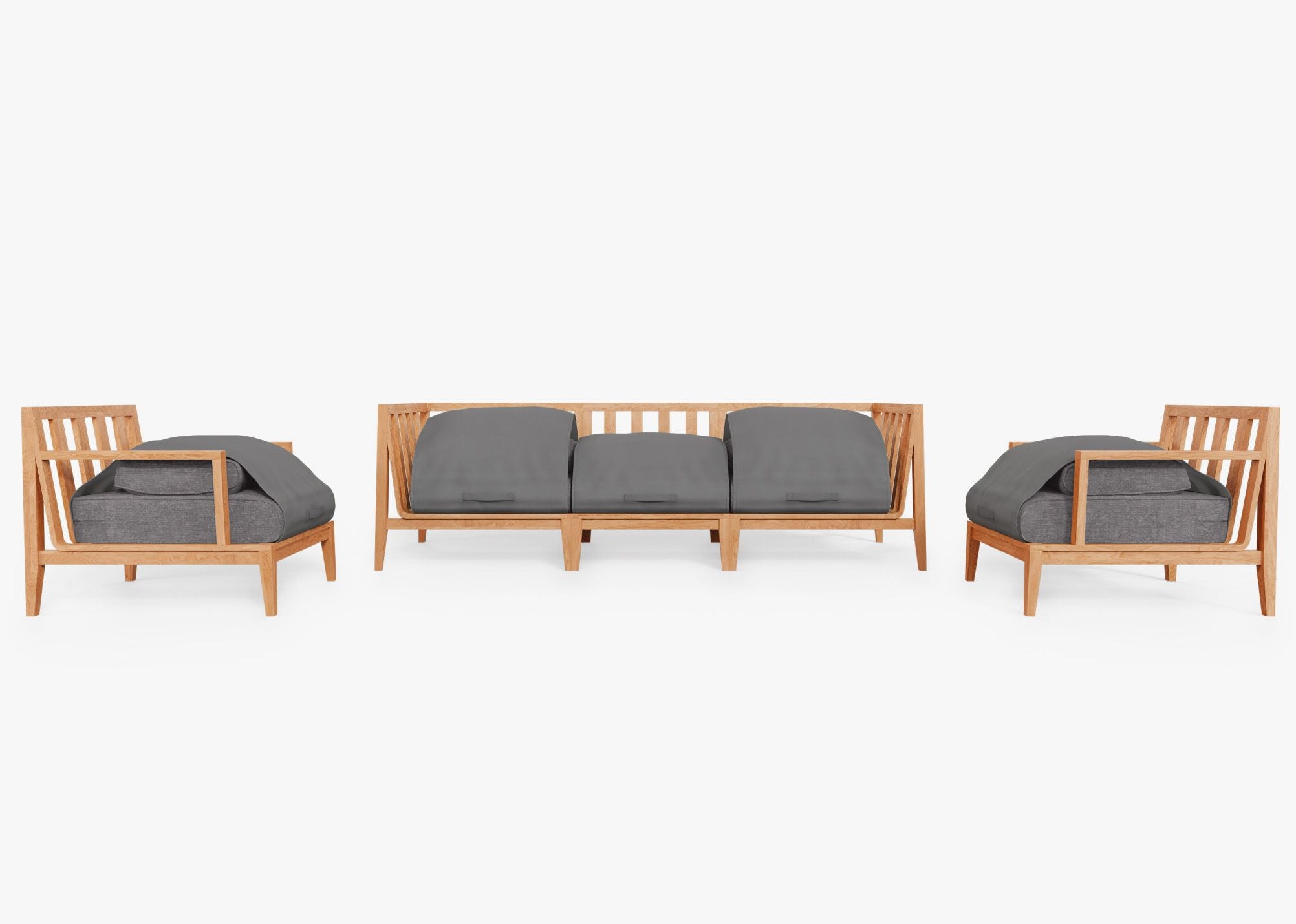 Teak outdoor sofa with matching armchairs arranged on a wooden deck, featuring light-colored cushions and a modern, sturdy design.-teak outdoor sofa-outer #color_dark pebble gray