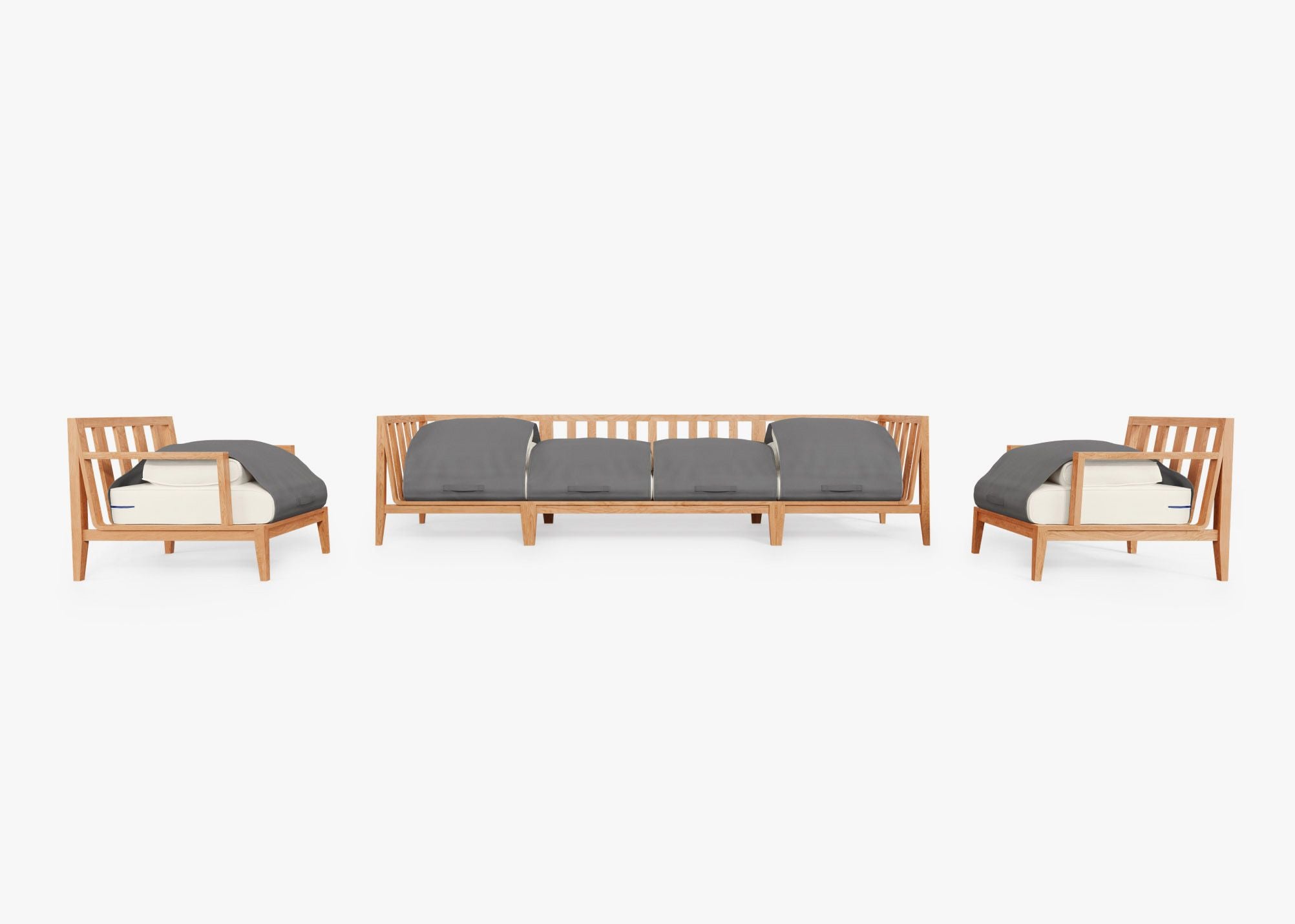 Teak Outdoor Sofa with Armchairs - 6 Seat shown with the OuterShell outdoor cushion cover, offering exclusive integrated protection. #color_palisades cream