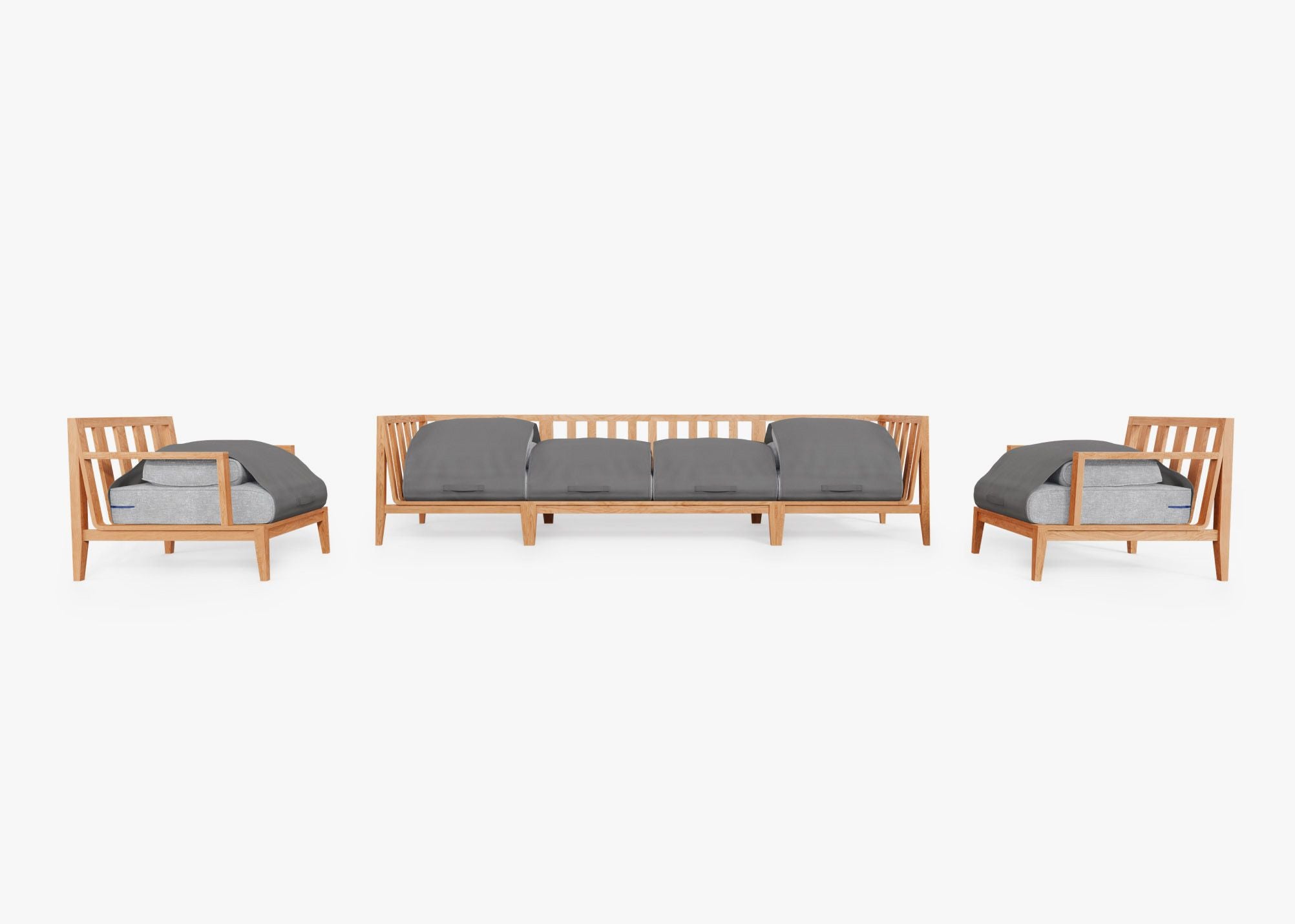 Teak outdoor sofa with matching armchairs, featuring gray cushions and a sturdy wooden frame, arranged in a six-seat seating set.-teak outdoor sofa-outer #color_pacific fog gray