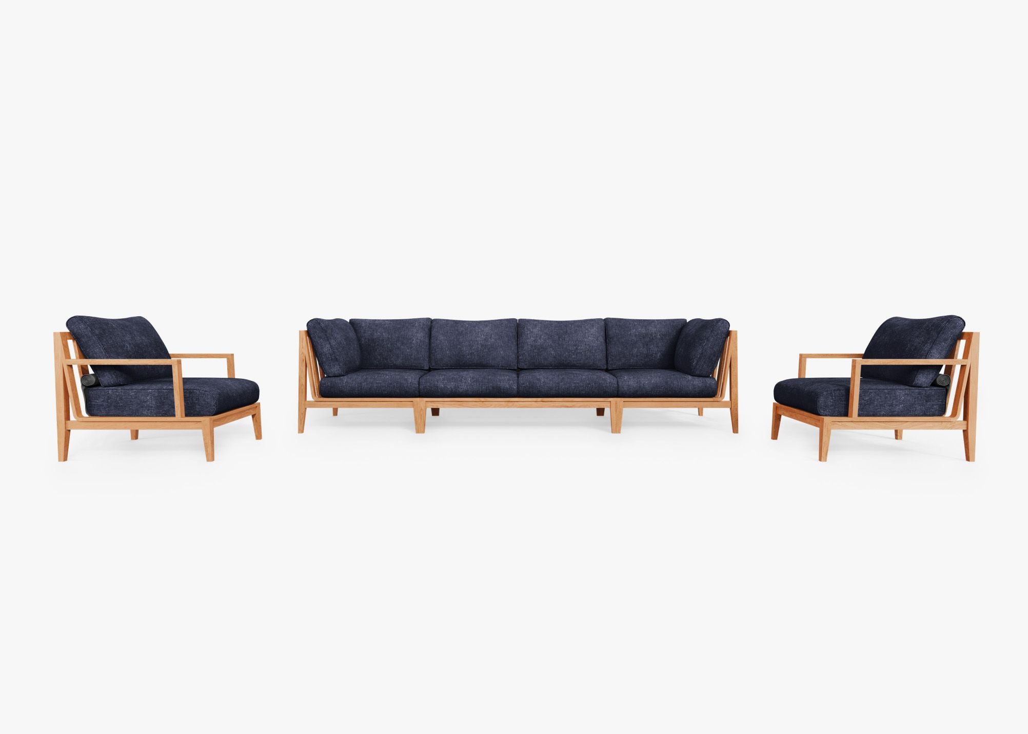 Teak Outdoor Sofa with Armchairs - 6 Seat, front. Comfortable, durable, and weather resistant outdoor seating with memory foam. #color_deep sea navy