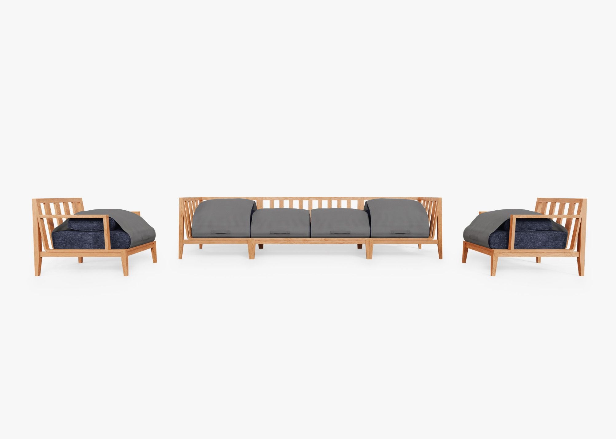 Teak Outdoor Sofa with Armchairs - 6 Seat shown with the OuterShell outdoor cushion cover, offering exclusive integrated protection. #color_deep sea navy