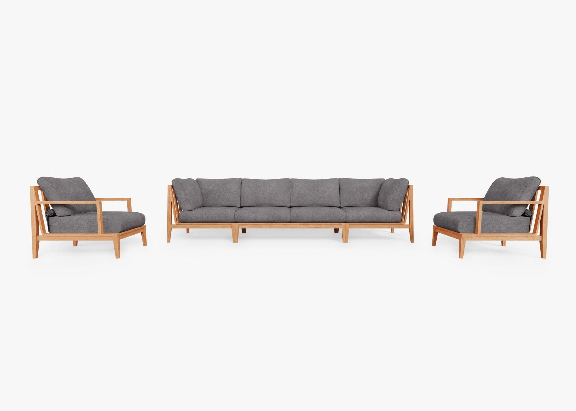 Teak Outdoor Sofa with Armchairs - 6 Seat, front. Comfortable, durable, and weather resistant outdoor seating with memory foam. #color_dark pebble gray