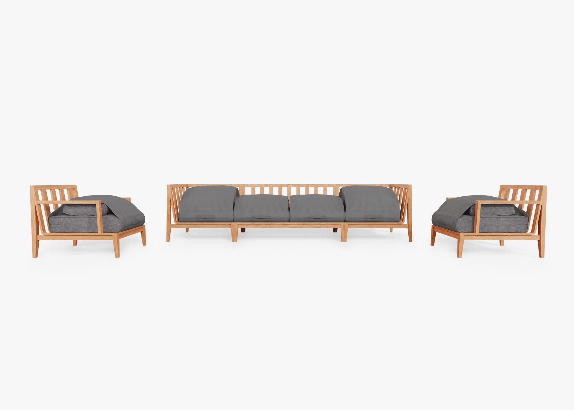 Teak Outdoor Sofa with Armchairs - 6 Seat shown with the OuterShell outdoor cushion cover, offering exclusive integrated protection. #color_dark pebble gray
