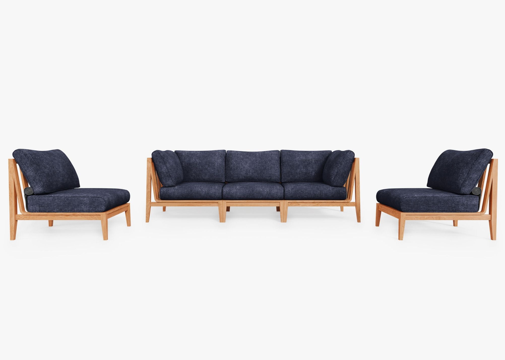 Teak Outdoor Sofa with Armless Chairs - 5 Seat, front. Comfortable, durable, and weather resistant outdoor seating with memory foam. #color_deep sea navy