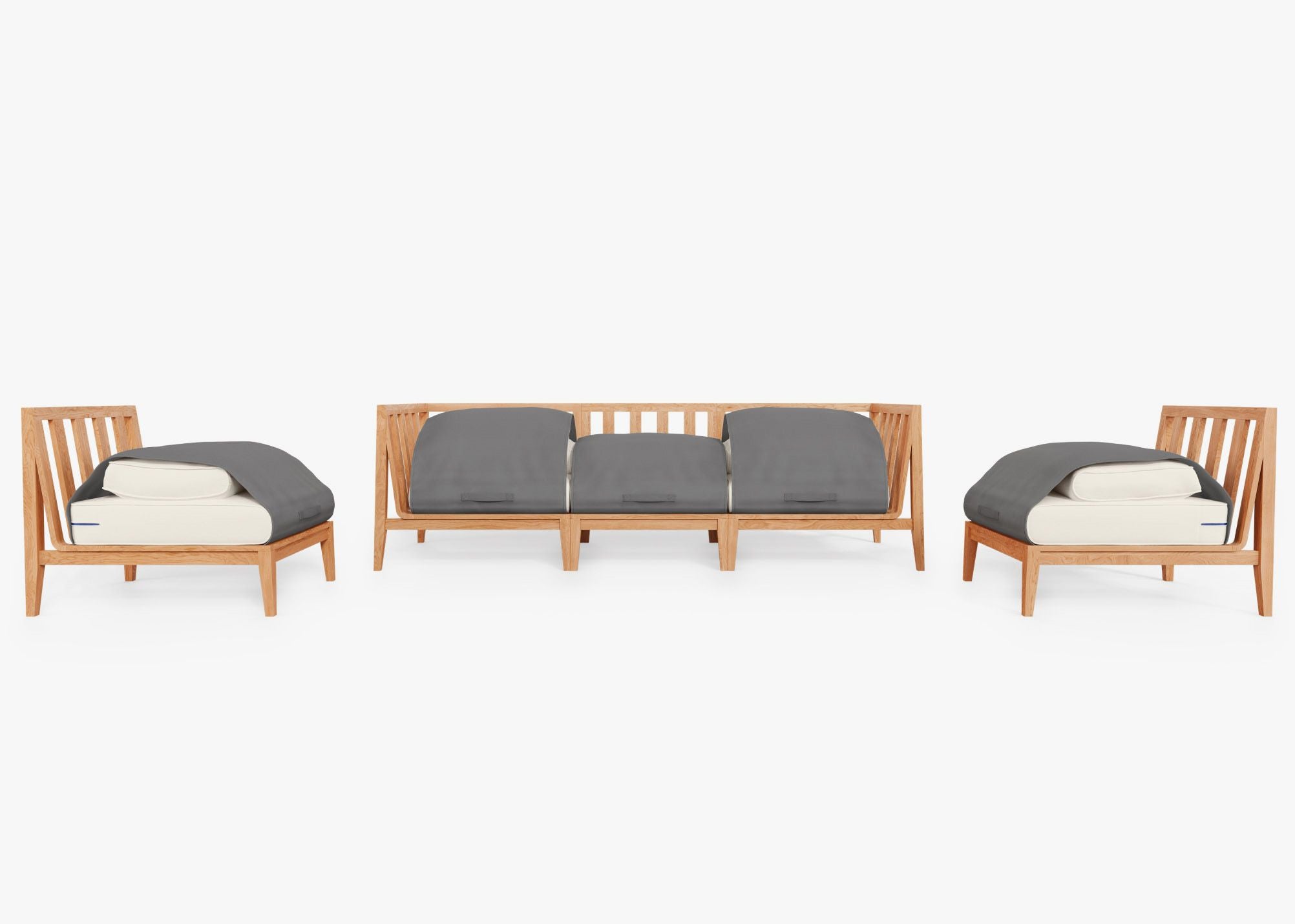 Teak Outdoor Sofa with Armless Chairs - 5 Seat shown with the OuterShell outdoor cushion cover, offering exclusive integrated protection. #color_palisades cream