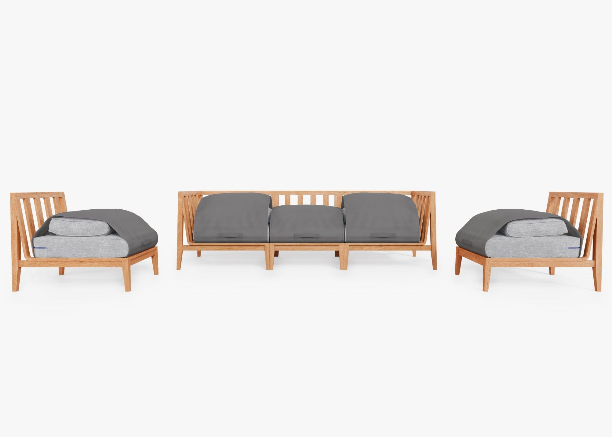 Teak Outdoor Sofa with Armless Chairs - 5 Seat shown with the OuterShell outdoor cushion cover, offering exclusive integrated protection. #color_pacific fog gray