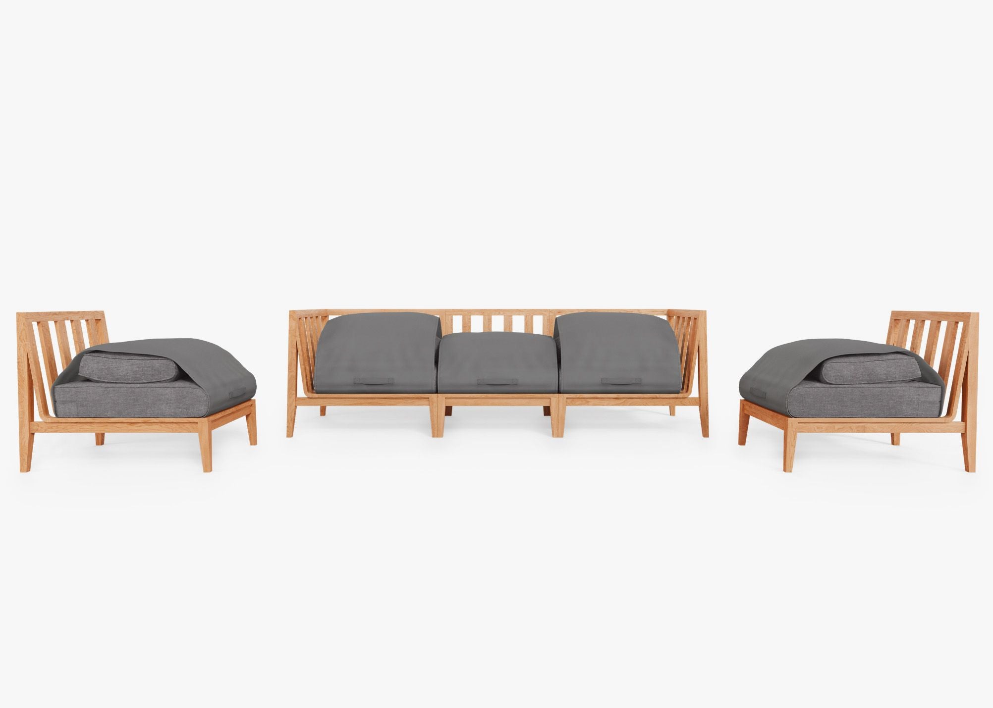 Teak Outdoor Sofa with Armless Chairs - 5 Seat shown with the OuterShell outdoor cushion cover, offering exclusive integrated protection. #color_dark pebble gray