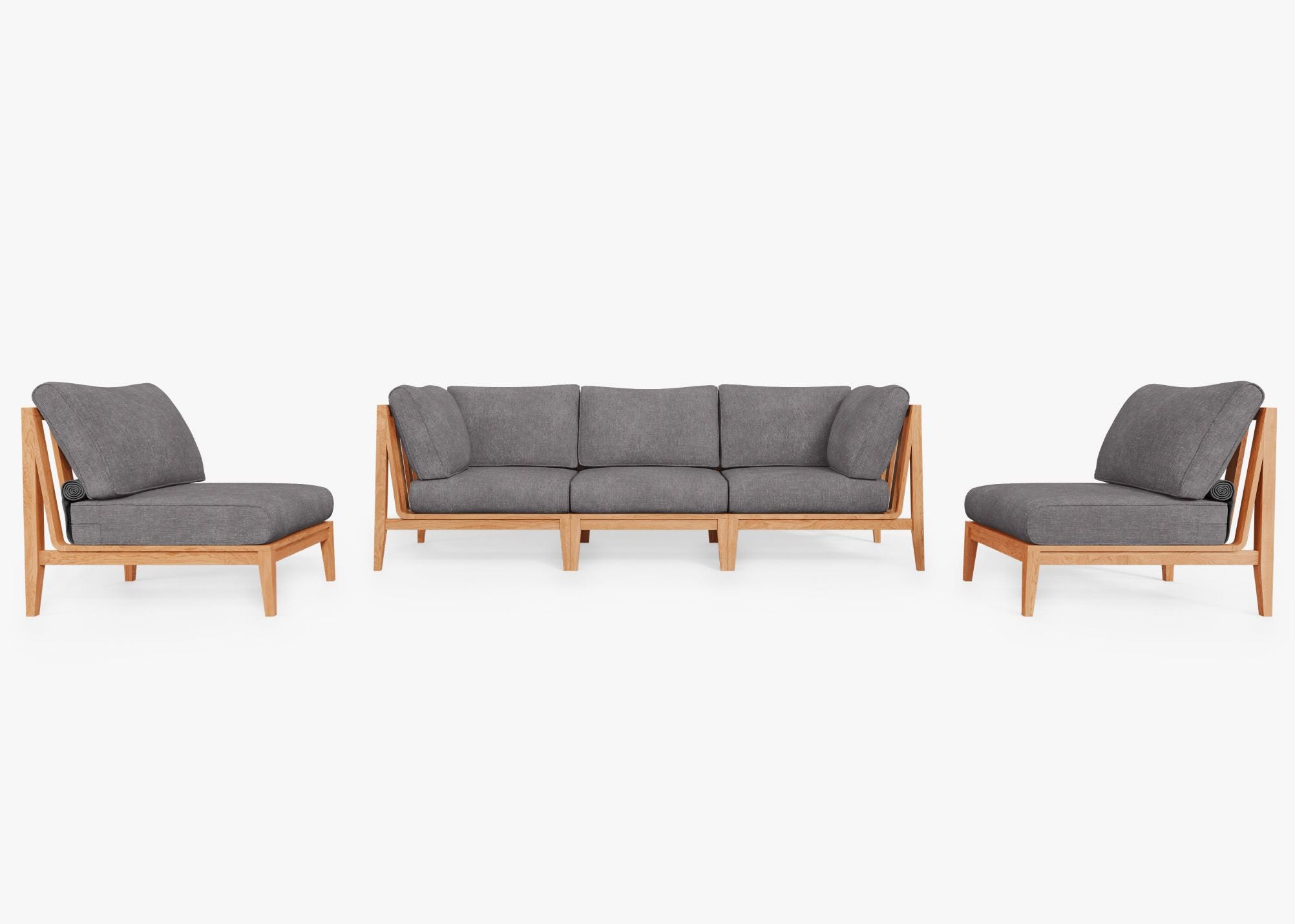 Teak Outdoor Sofa with Armless Chairs - 5 Seat, front. Comfortable, durable, and weather resistant outdoor seating with memory foam. #color_dark pebble gray