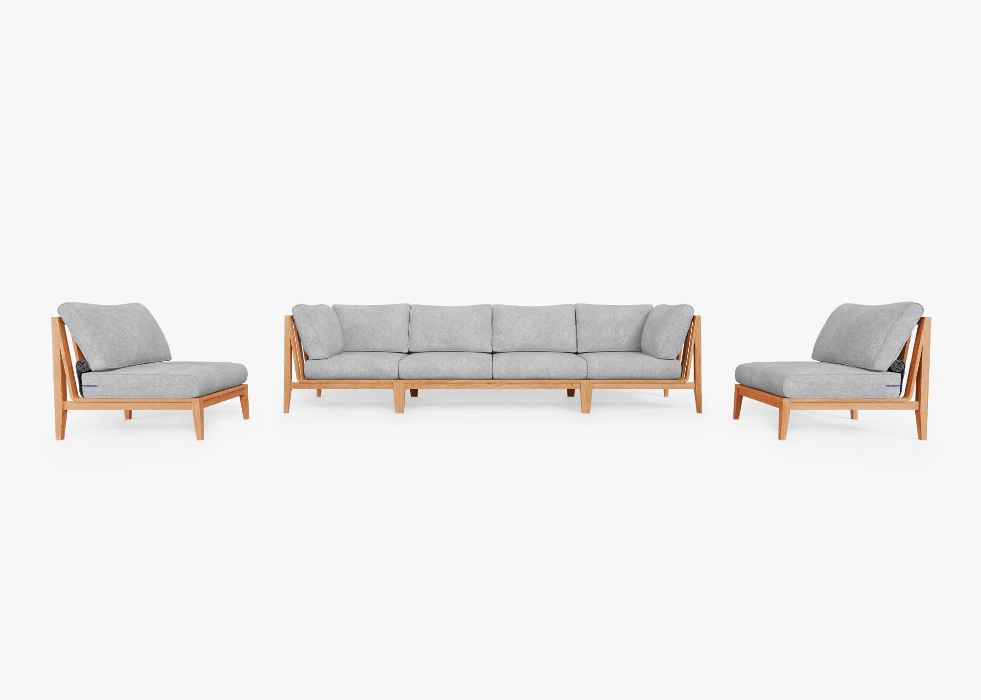 Teak Outdoor Sofa with Armless Chairs - 6 Seat, front. Comfortable, durable, and weather resistant outdoor seating with memory foam. #color_pacific fog gray