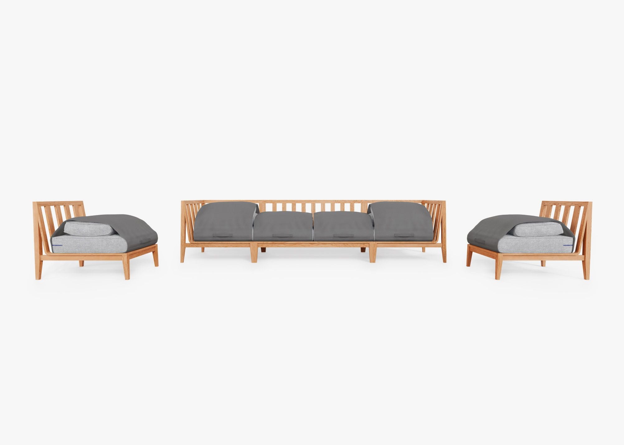 A teak outdoor sofa with armless chairs arranged around a low table on a patio, featuring gray cushions and a modern, minimalist design.-teak outdoor sofa-outer #color_pacific fog gray