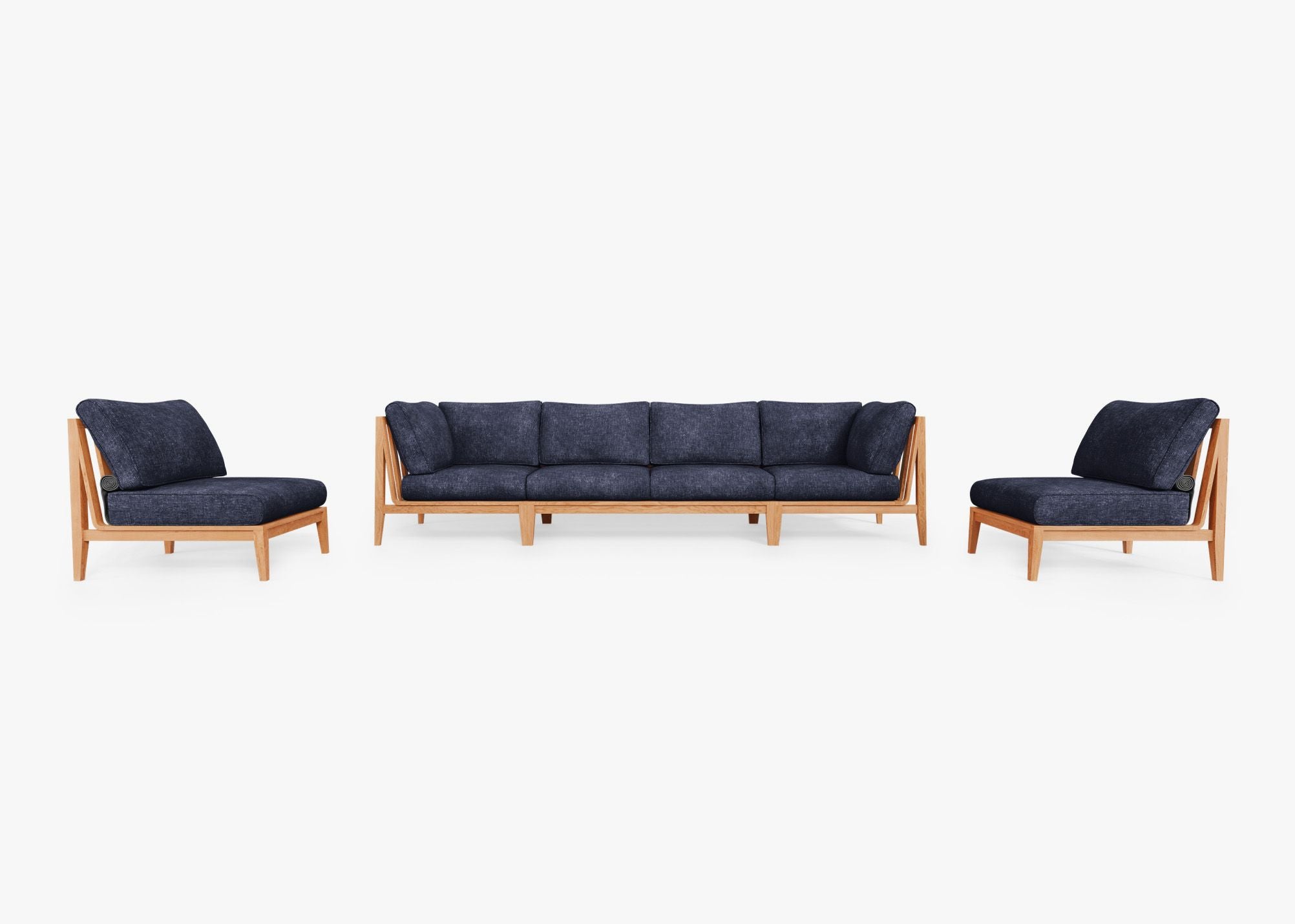 Teak outdoor sofa with navy cushions, featuring an armless design, paired with matching armless chairs on a wooden deck.-teak outdoor sofa-outer #color_deep sea navy