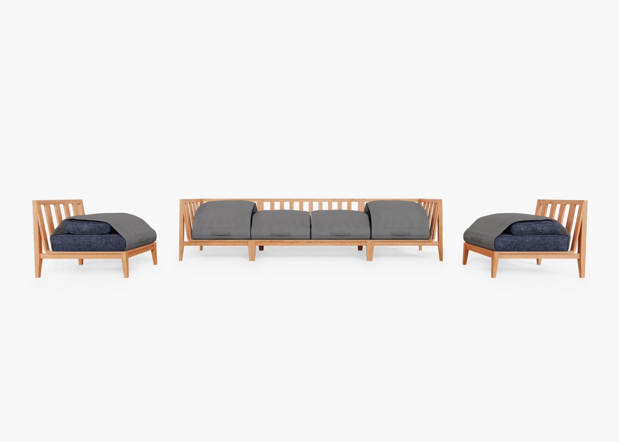 Teak Outdoor Sofa with Armless Chairs - 6 Seat shown with the OuterShell outdoor cushion cover, offering exclusive integrated protection. #color_deep sea navy