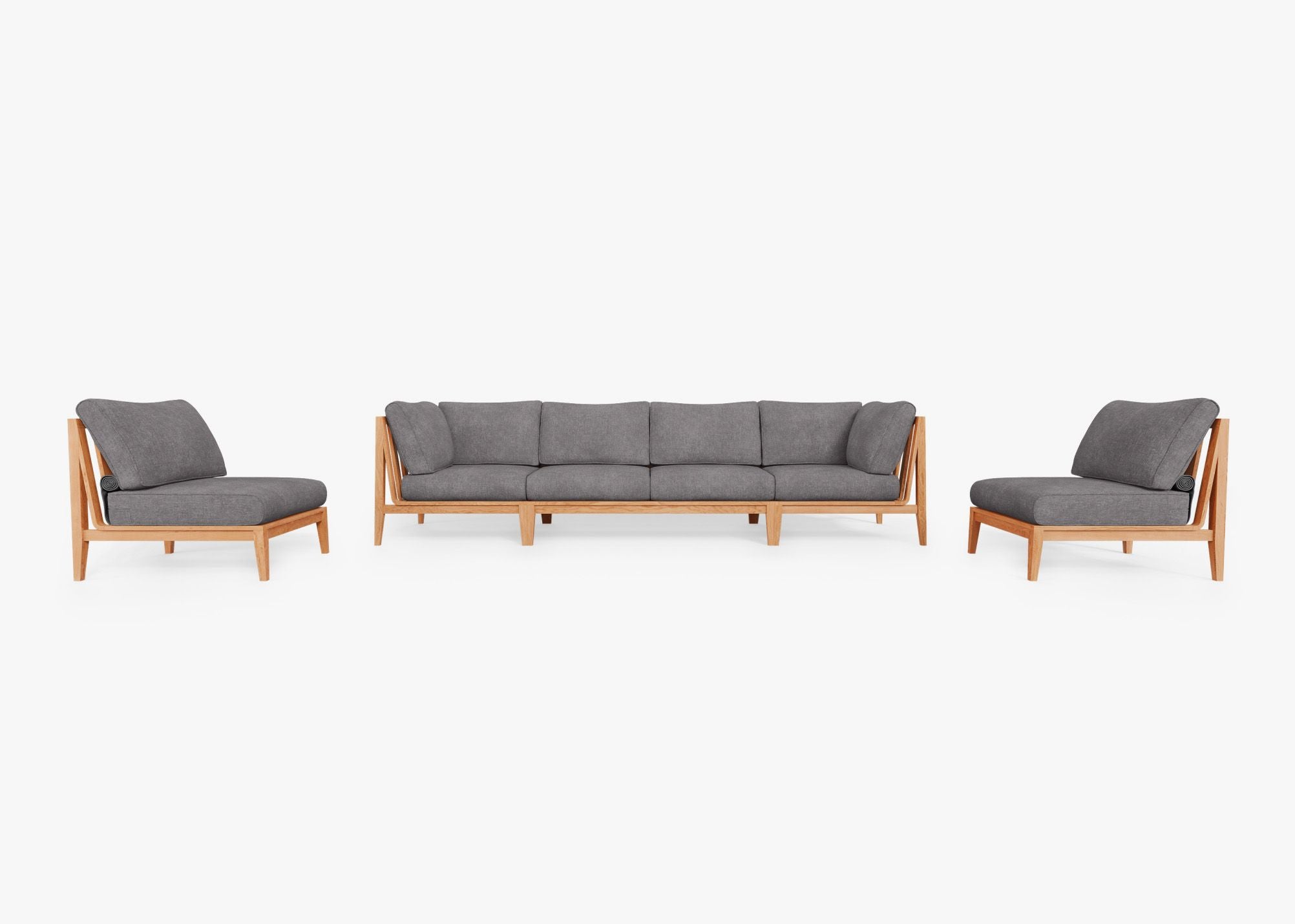Teak Outdoor Sofa with Armless Chairs - 6 Seat, front. Comfortable, durable, and weather resistant outdoor seating with memory foam. #color_dark pebble gray