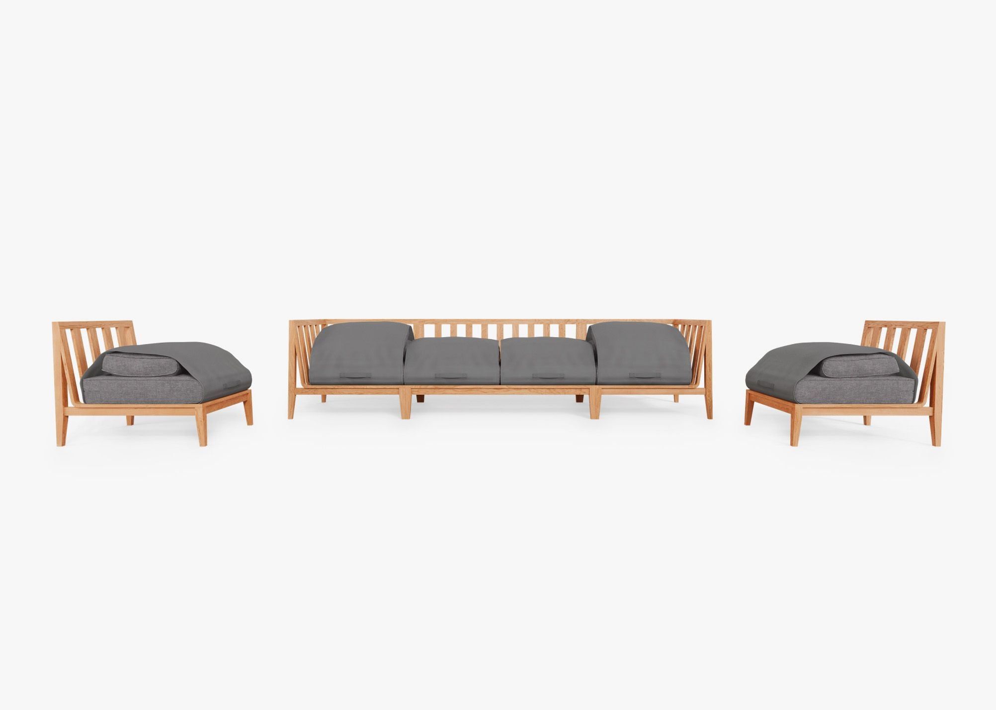 Teak outdoor sofa with armless chairs, featuring a six-seat arrangement and pebble-colored cushions, set on a wooden deck.-teak outdoor sofa-outer #color_dark pebble gray