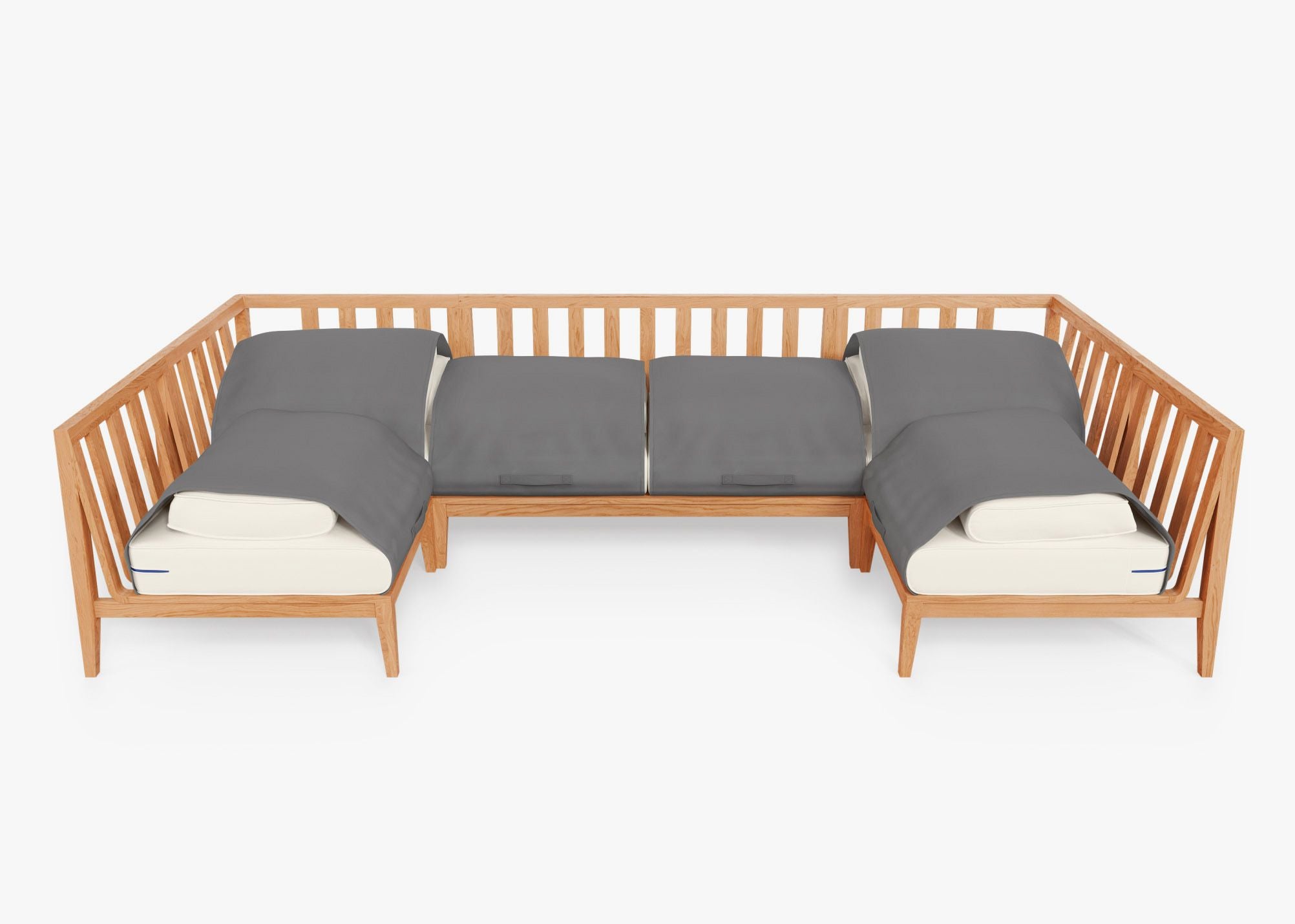 Teak Outdoor U Sectional - 6 Seat shown with the OuterShell outdoor cushion cover, offering exclusive integrated protection. #color_palisades cream